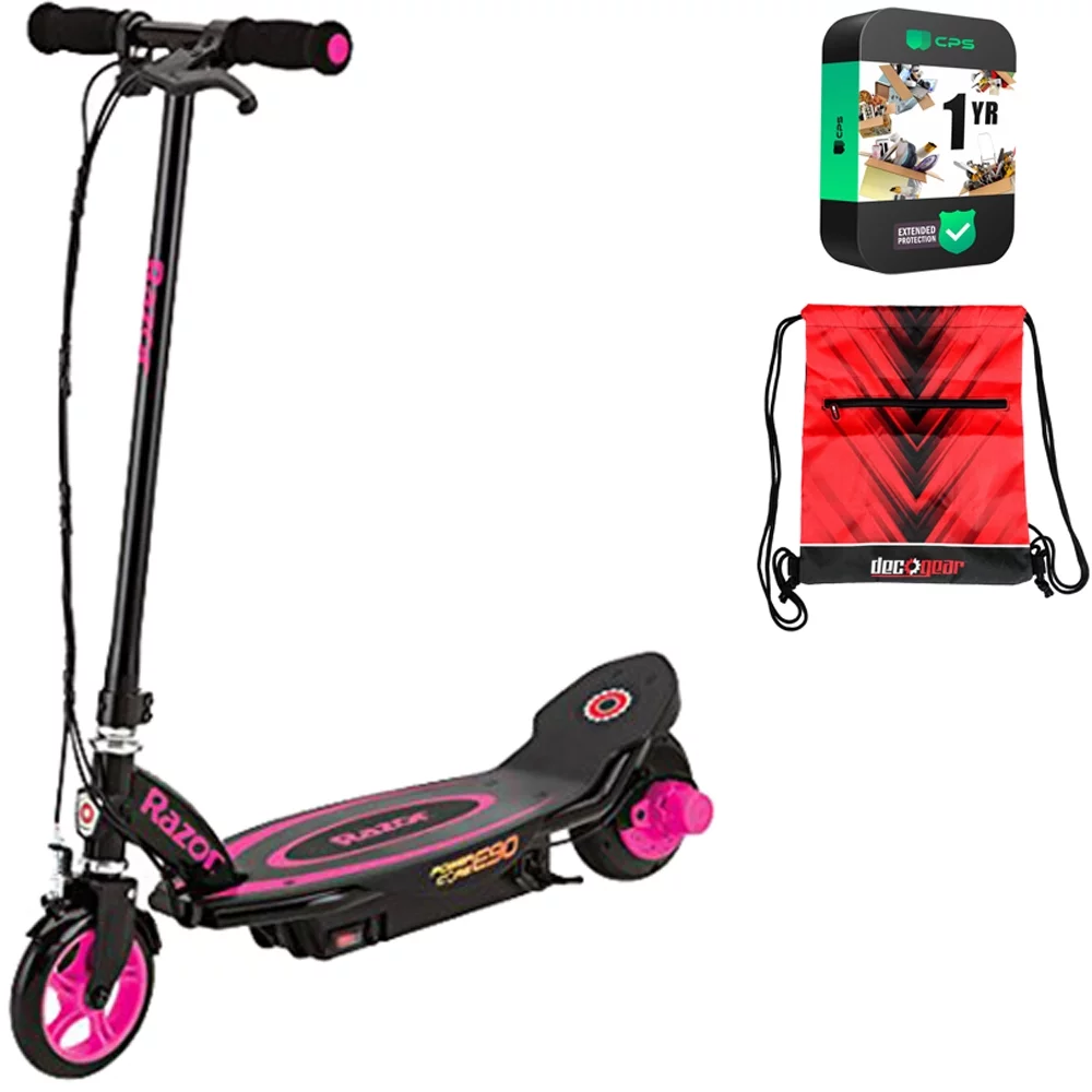 Razor 13111463 E90 Power Core Electric Scooter – Pink Bundle with 1 Year Extended Protection Plan and Deco Essentials Drawstring Bag