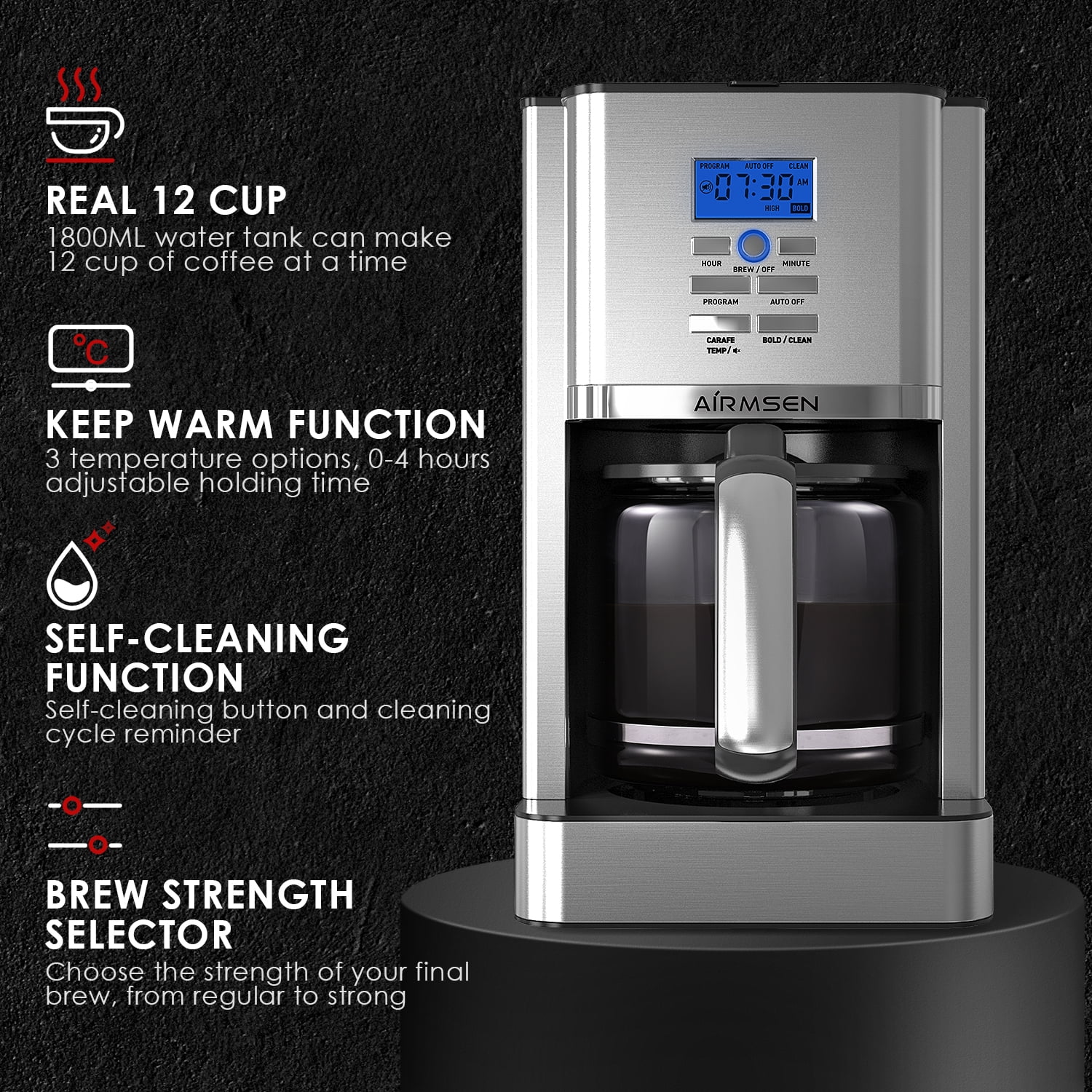 AIRMSEN Stainless Steel 12 Cup Drip Coffee Maker, Programmable Coffee Machine Self-Cleaning