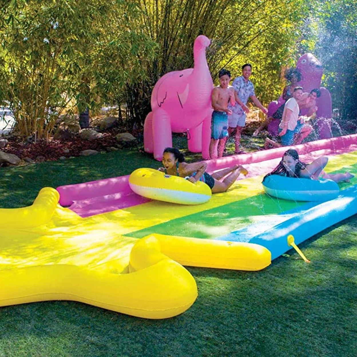 WOW Sports 40′ x 8′ Rainbow Star Super Slide with 2 Inflatable Sleds (21-2520-WOW)