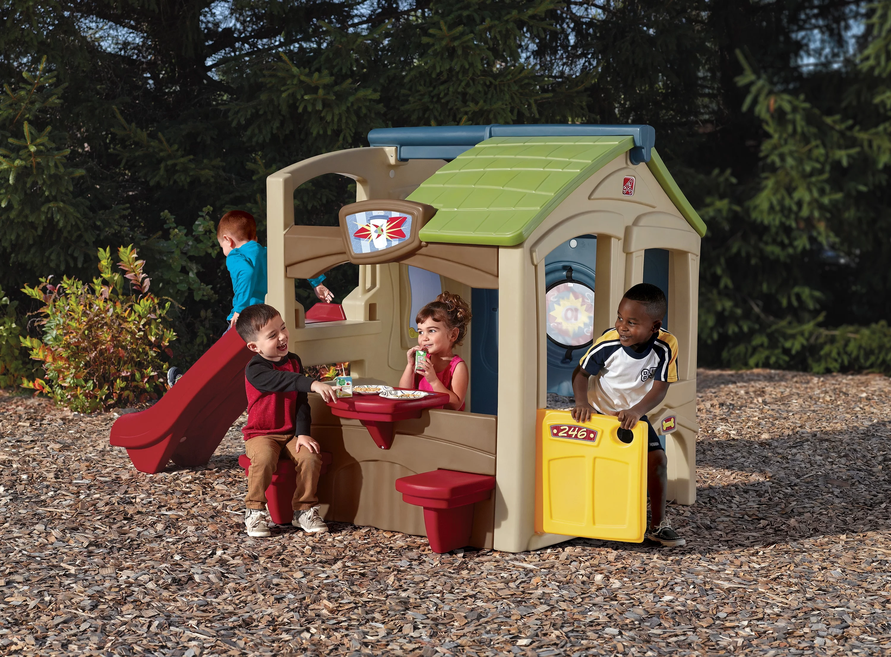 Step2 Neighborhood Fun Center Brown Playhouse with Slide Plastic Kids Outdoor Toys