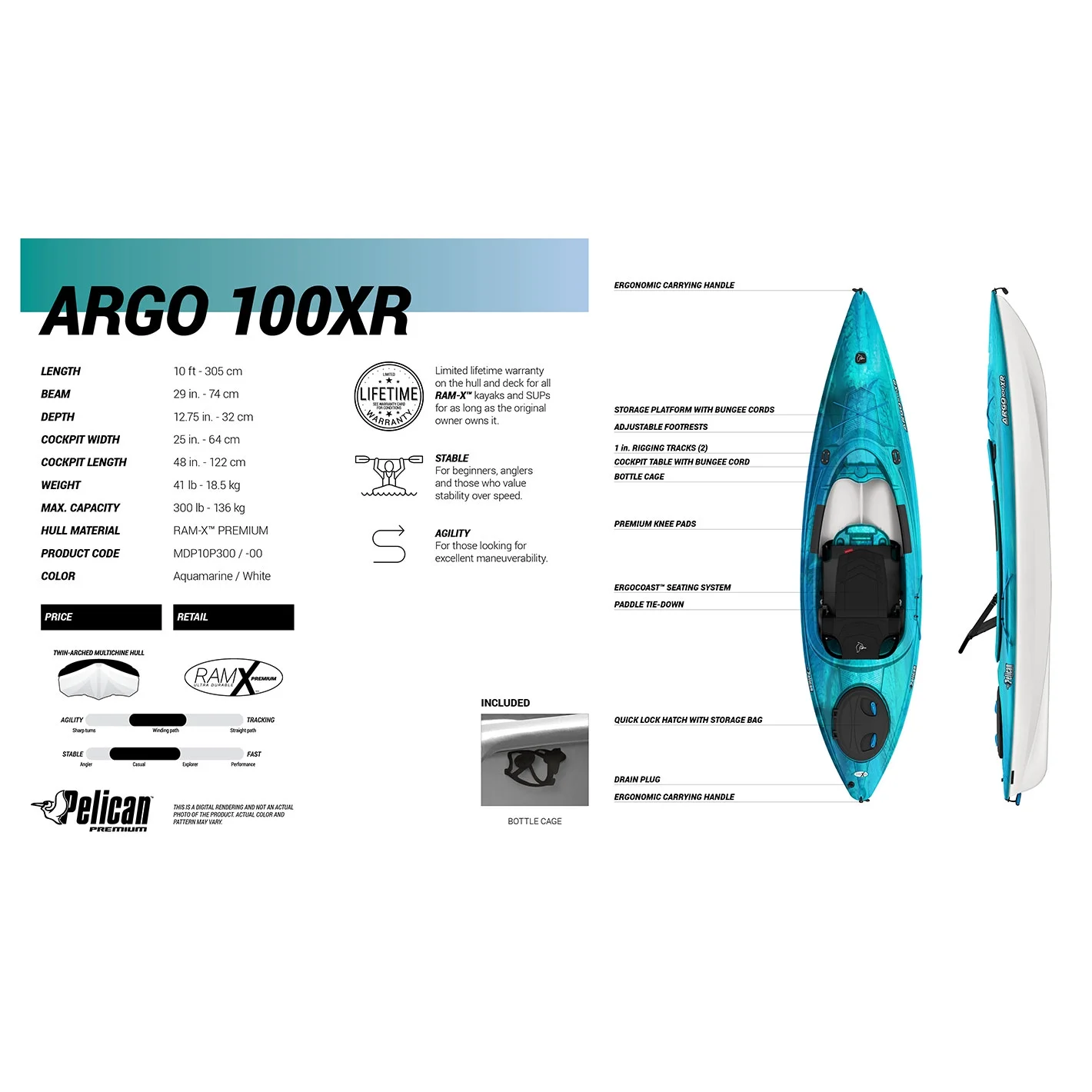 Pelican – Argo 100XR Recreational Kayak – Aquamarine