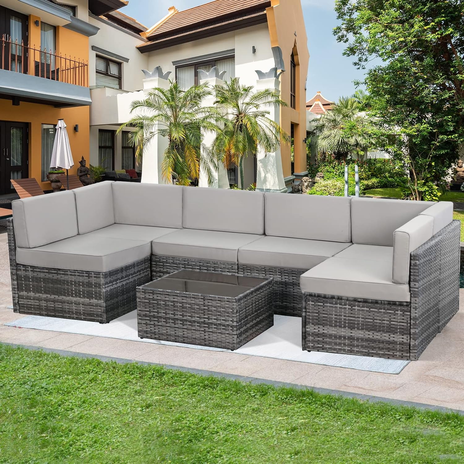 Danrelax 7-Piece Outdoor Sectional Sofa Patio Conversation Set, PE Rattan Wicker Furniture, Steel Frame in Dark Blue