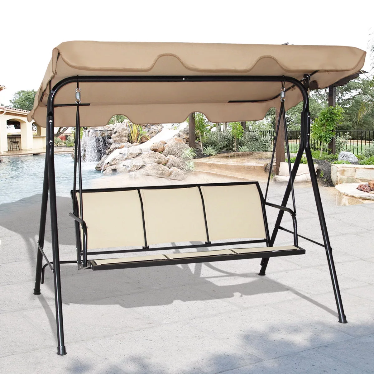 Costway 3 Person Outdoor Patio Swing Canopy Awning Yard Furniture Hammock Steel Beige