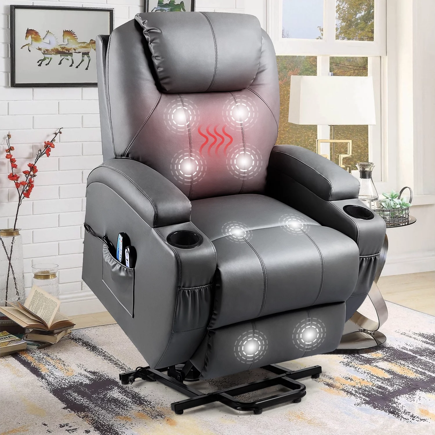 Lacoo Power Lift Recliner with Massage and Heat, Black Faux Leather