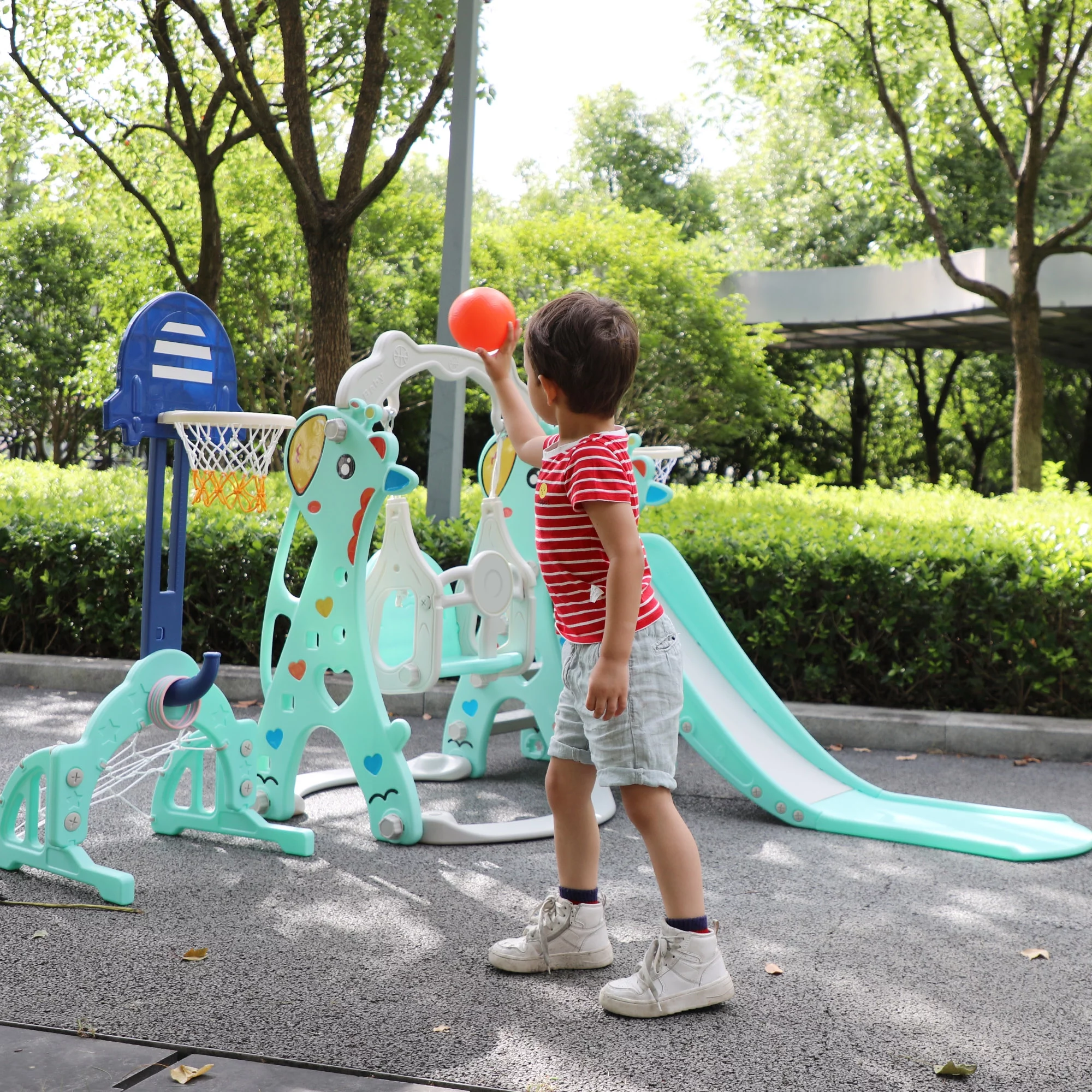 TOBBI 5-in-1 Toddler Climber and Swing Set, Climber Slide Playset with Football Gate, Basketball Hoops, Balls and Circles, Kids Playset for Indoor Outdoor Backyard, Red and Blue