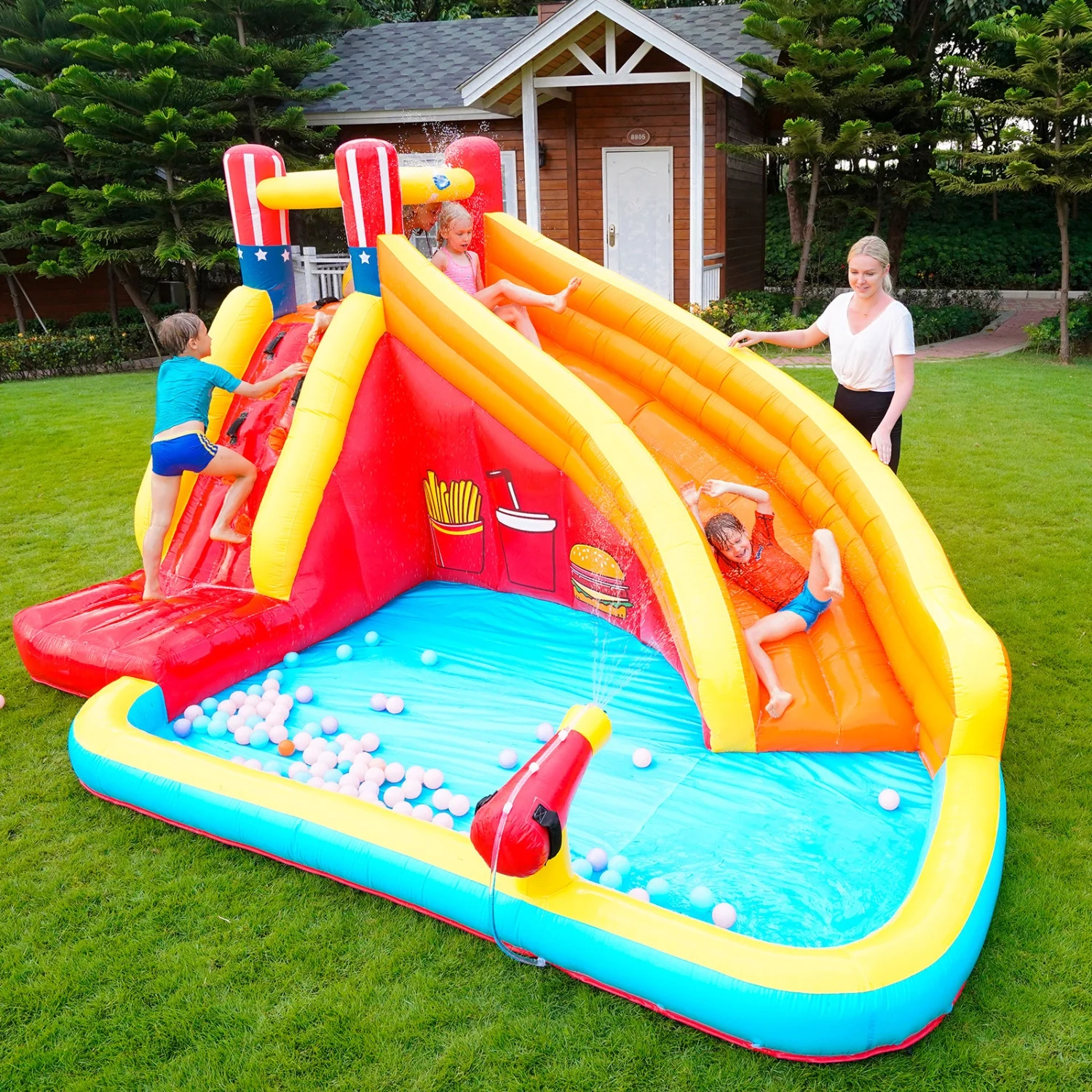 Inflatable Outdoor Backyard Water Slide Splash Toy with Climbing Wall, Splash Pool, Water Cannon, Heavy Duty Blower, Water Sprinkler, Stakes, Repair Patches, Storage Bag for Outdoor Summer Fun