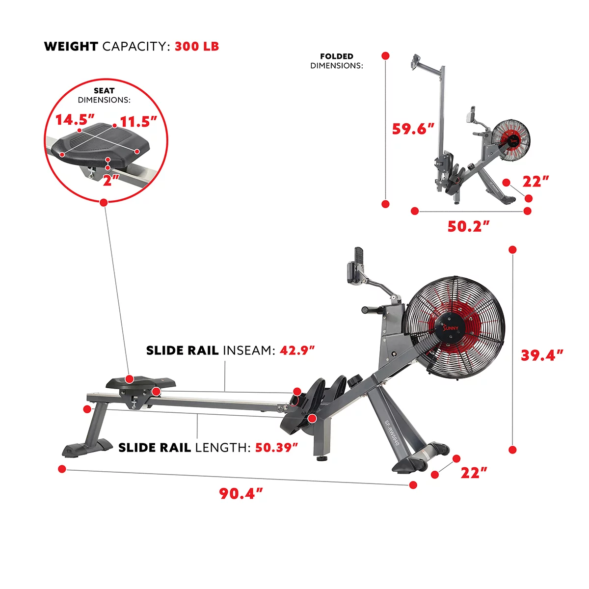 Sunny Health & Fitness Magnetic Air Resistance Rowing Machine Rower for Full Body Exercise Home Gym Workouts, SF-RW5940