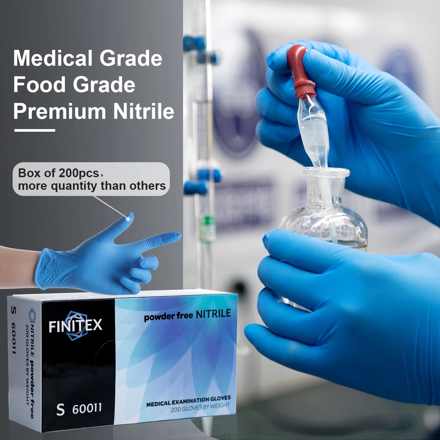 FINITEX Blue Nitrile Disposable Gloves, Nitrile Medical Exam Gloves 200 Count, Power Free, Latex Free, Food Grade Cooking Work Disposable Nitrile Gloves Medium