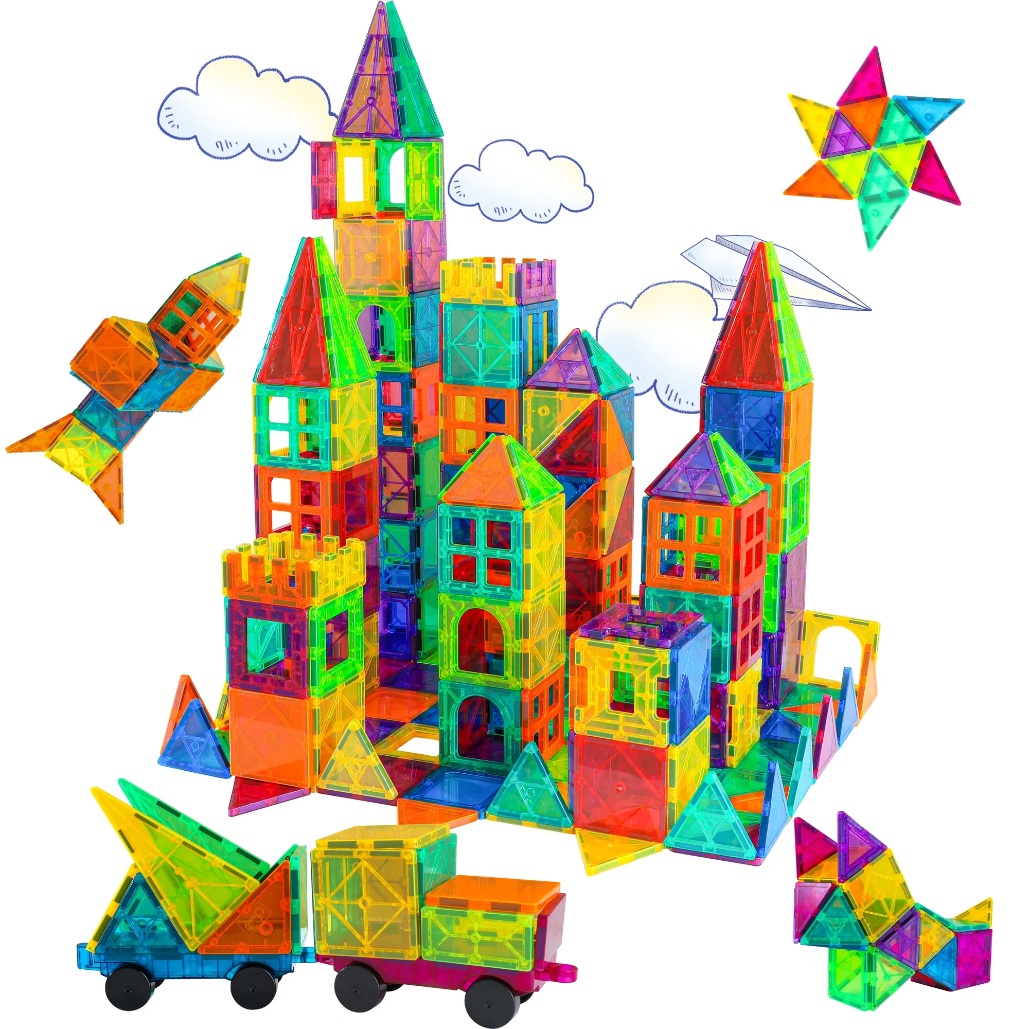 120 Pcs 3D Color Magnet Building Tiles, Magnetic Building Blocks Set with 2 Car for Kids