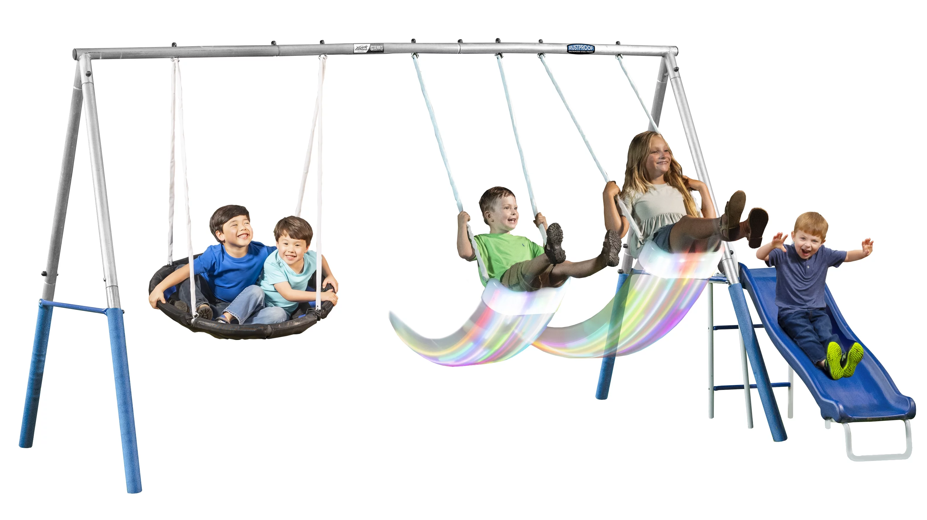 XDP Recreation Firefly Steel Swing Set with Swing Seats, Super Disc Saucer Swing, & Wave Slide