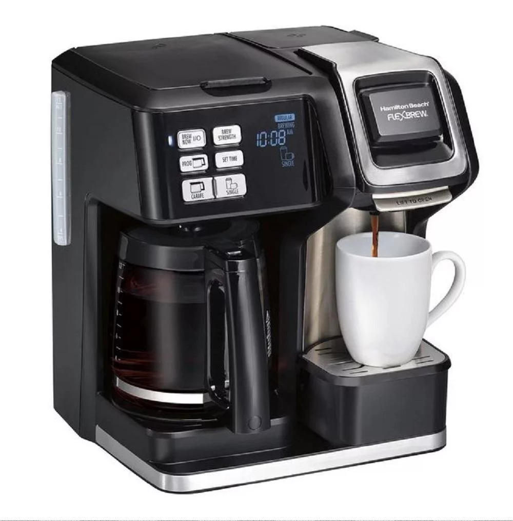 Hamilton Beach FlexBrew Trio 2-Way Coffee Maker, Compatible with K-Cup Pods or Grounds, Single Serve & Full 12c Pot, Permanent Gold-Tone Filter, Black & Silver