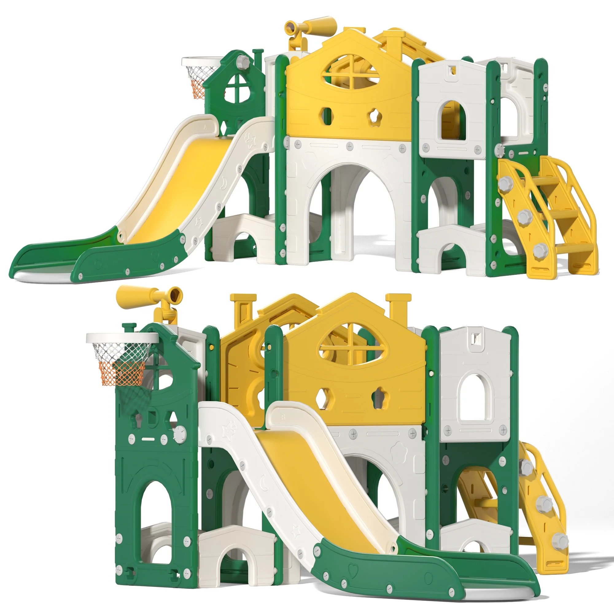 Kids Slide Playset with Climber, Toddlers Freestanding Castle with Basketball, Storage Area, Tunnel for Indoors and Outdoors, Gift for Children, Yellow