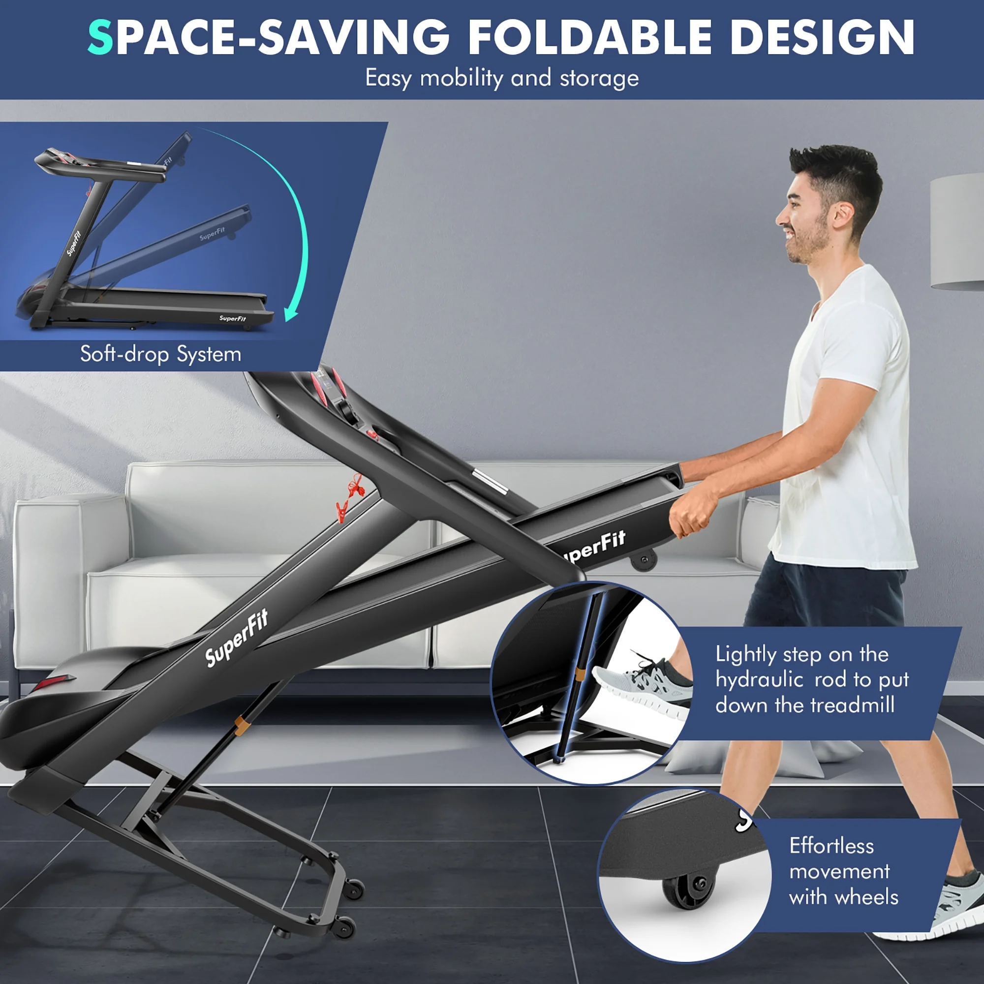 SuperFit 4.75HP Folding Treadmill w/Preset Programs Touch Screen Voice/APP/Remote Control