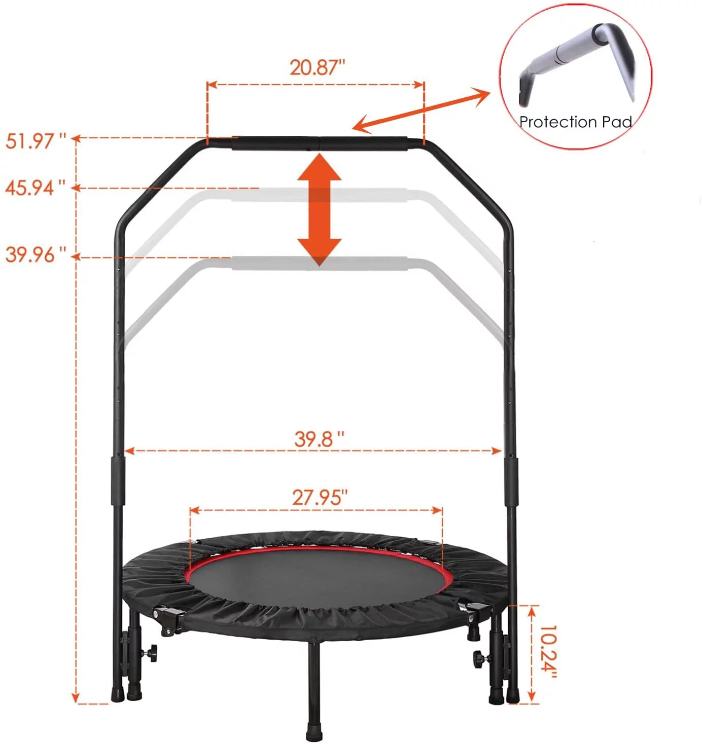 Arlopu 40” Foldable Mini Trampoline, Fitness Rebounder with Adjustable Foam Handle, Exercise Trampoline for Adults Home Gym Workout, Max Load 330lbs