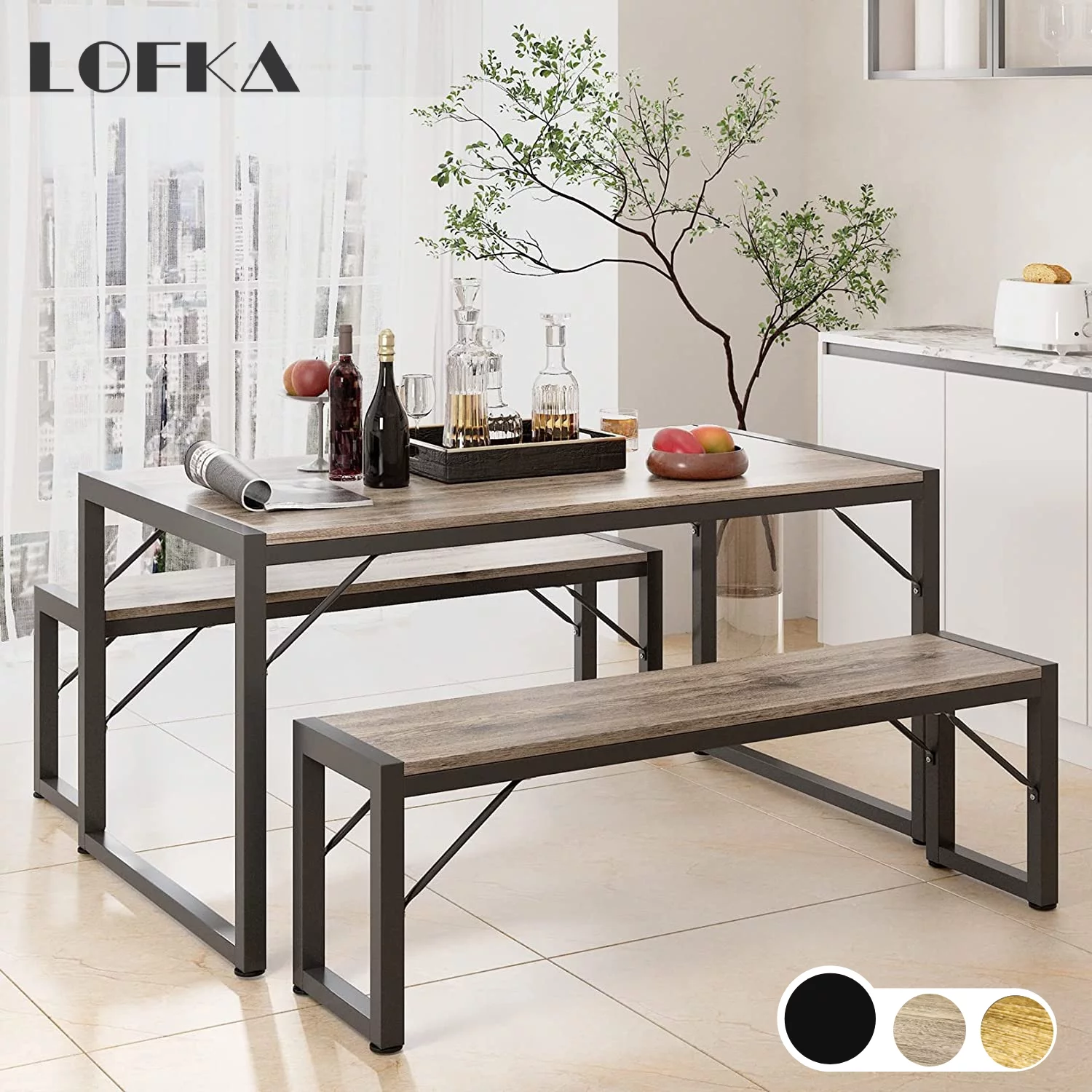 Lofka Kitchen Table and Chairs for 4 with 45.5″ Modern Dining Table Set for 4, Dinette Set Black