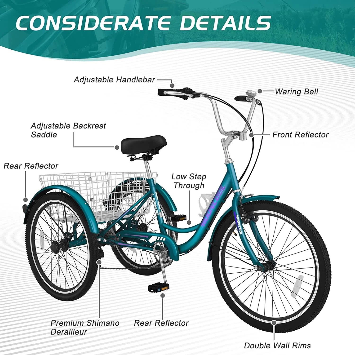 ABORON 20/24/26 inch 7 Speed Adult Tricycles with Big Basket,3-Wheels Cruiser Bike, Adult Trikes For Women ,Men , Seniors