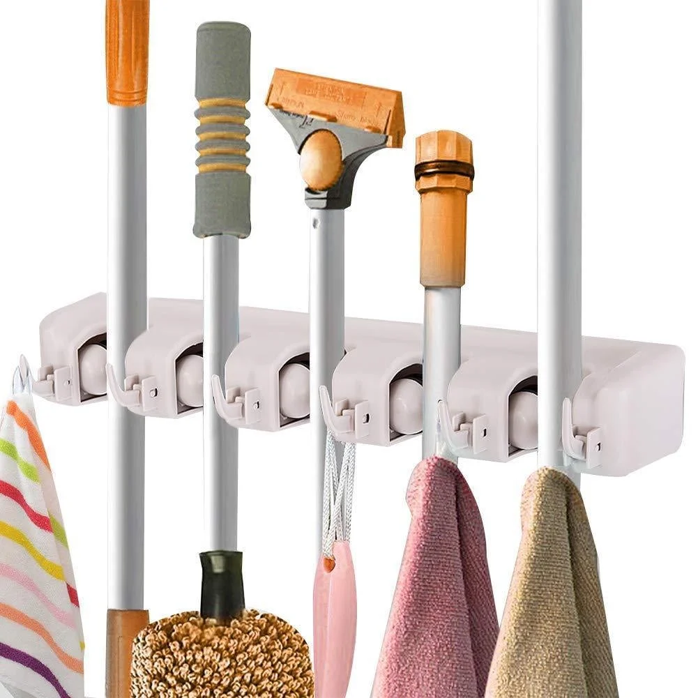 Costway White Wall Mounted Mop & Broom 5 Position Hanger, Kitchen Storage