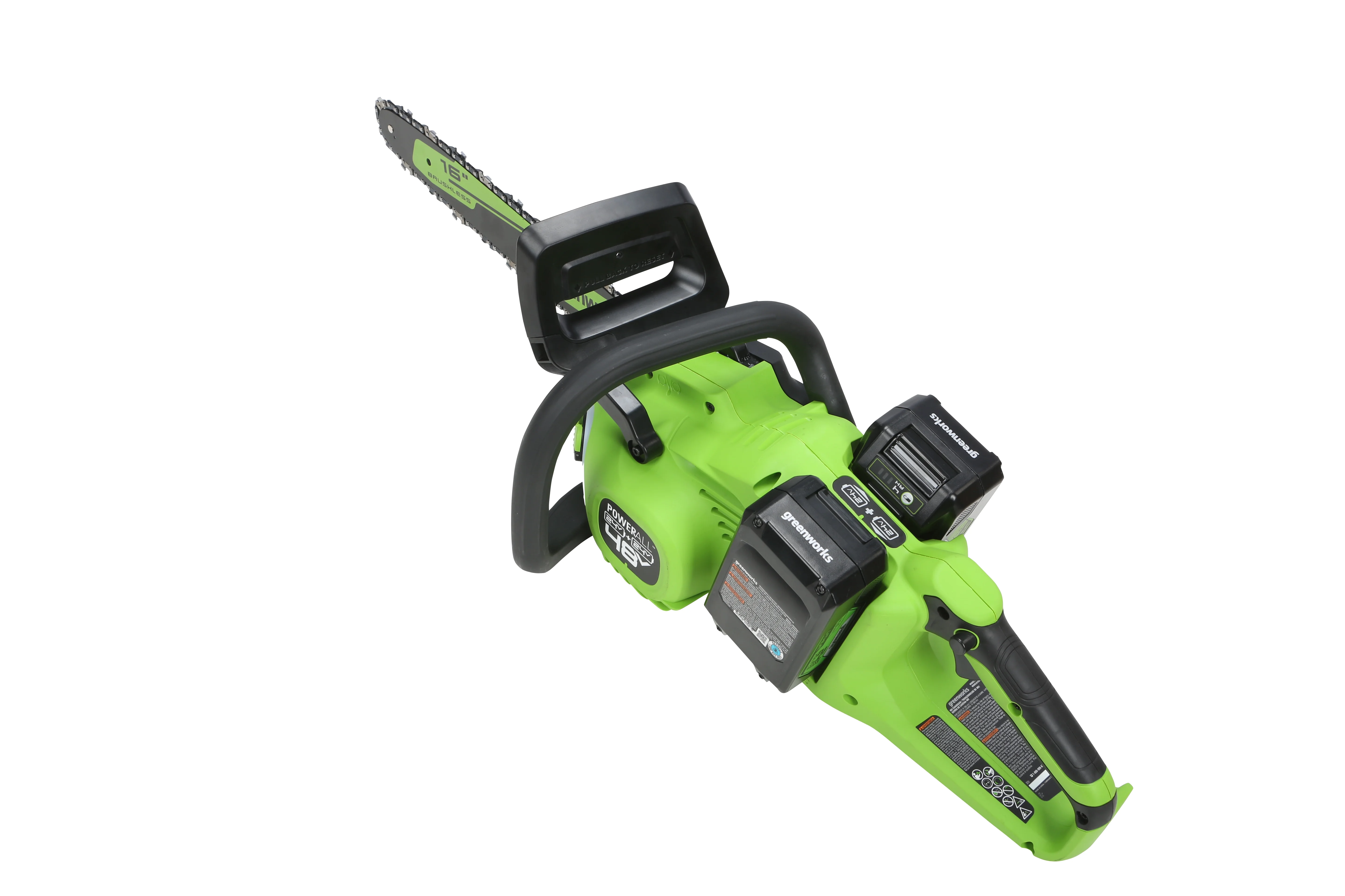 Greenworks 48V (2x24V) 16-inch Brushless Chainsaw with (2) 4Ah USB Batteries and Dual Port Charger, 2018002