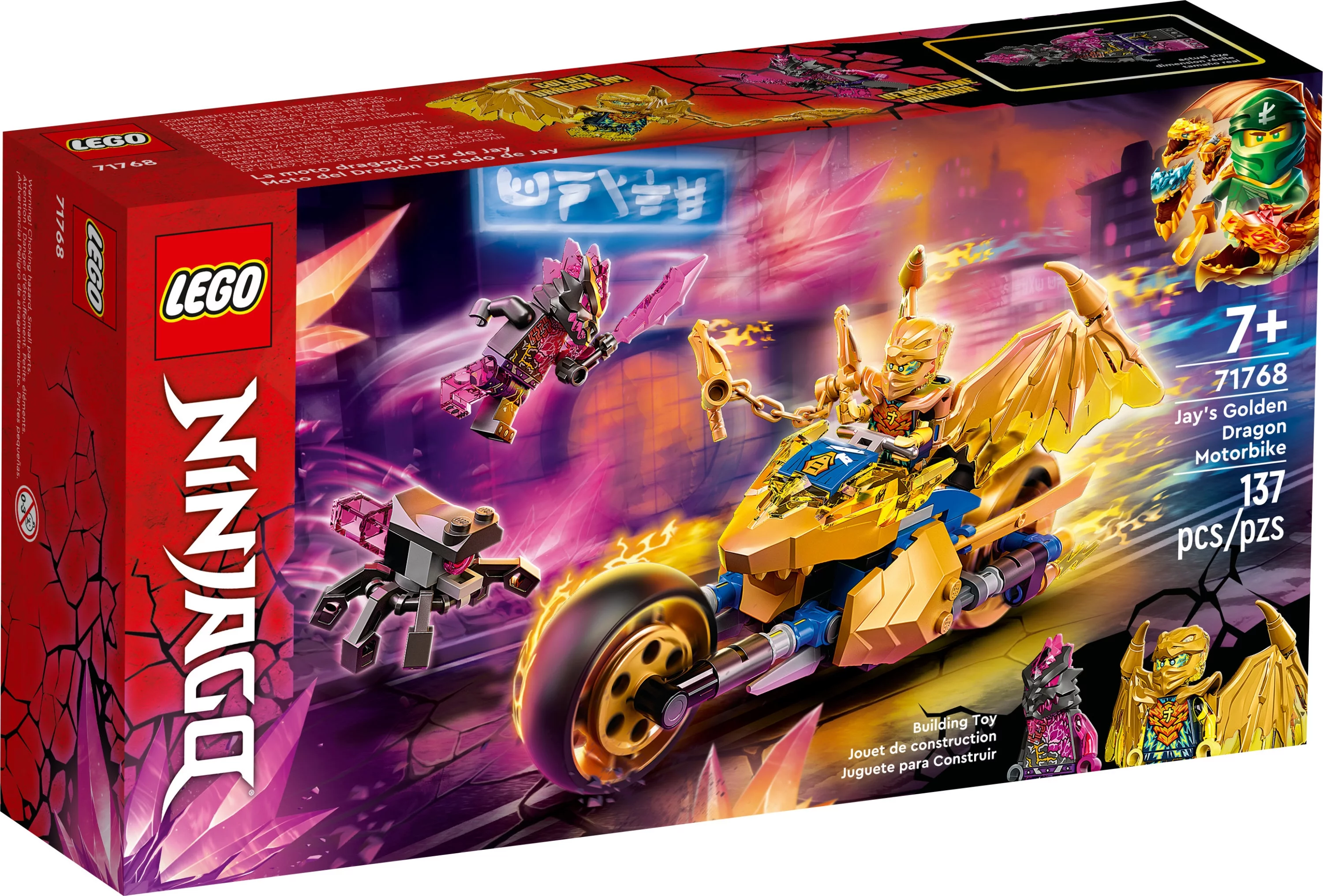 LEGO NINJAGO Jay’s Golden Dragon Set, 71768 Toy Motorcycle with Dragon, Spider Figure and Jay Minifigure, Birthday Gift Idea For Kids 7 Plus