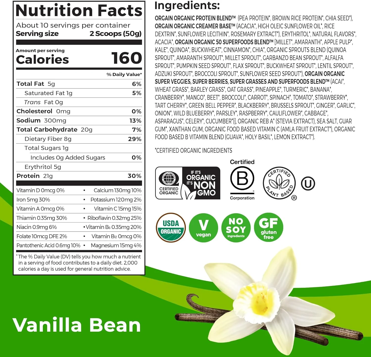 Orgain Organic Plant Based Protein + Superfoods Powder, Vanilla Bean, 21g Protein, 1.12 lb