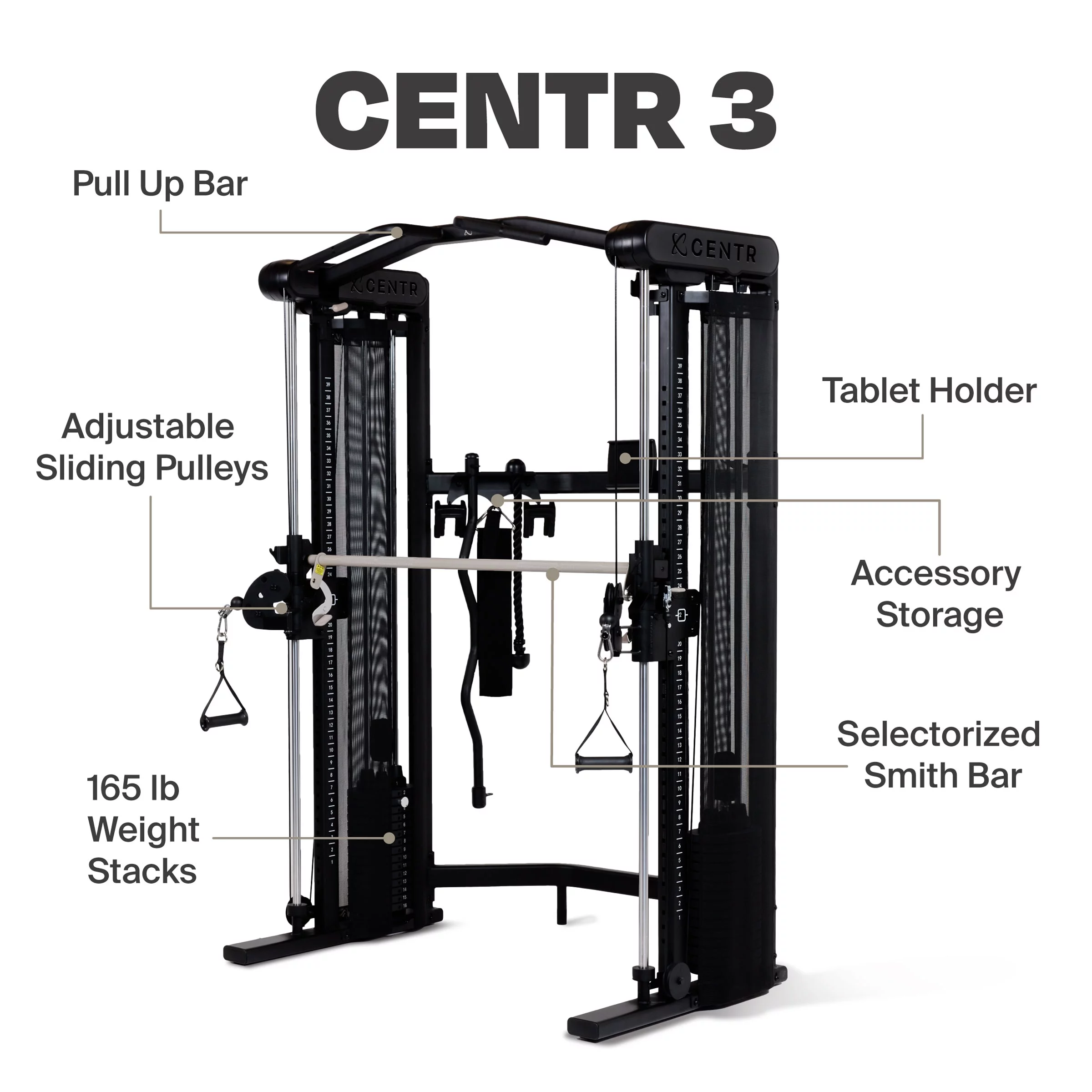 Centr 3 Home Gym Functional Trainer with Selectorized Smith Bar for Total Body Strength Training with 3-Month Centr Membership