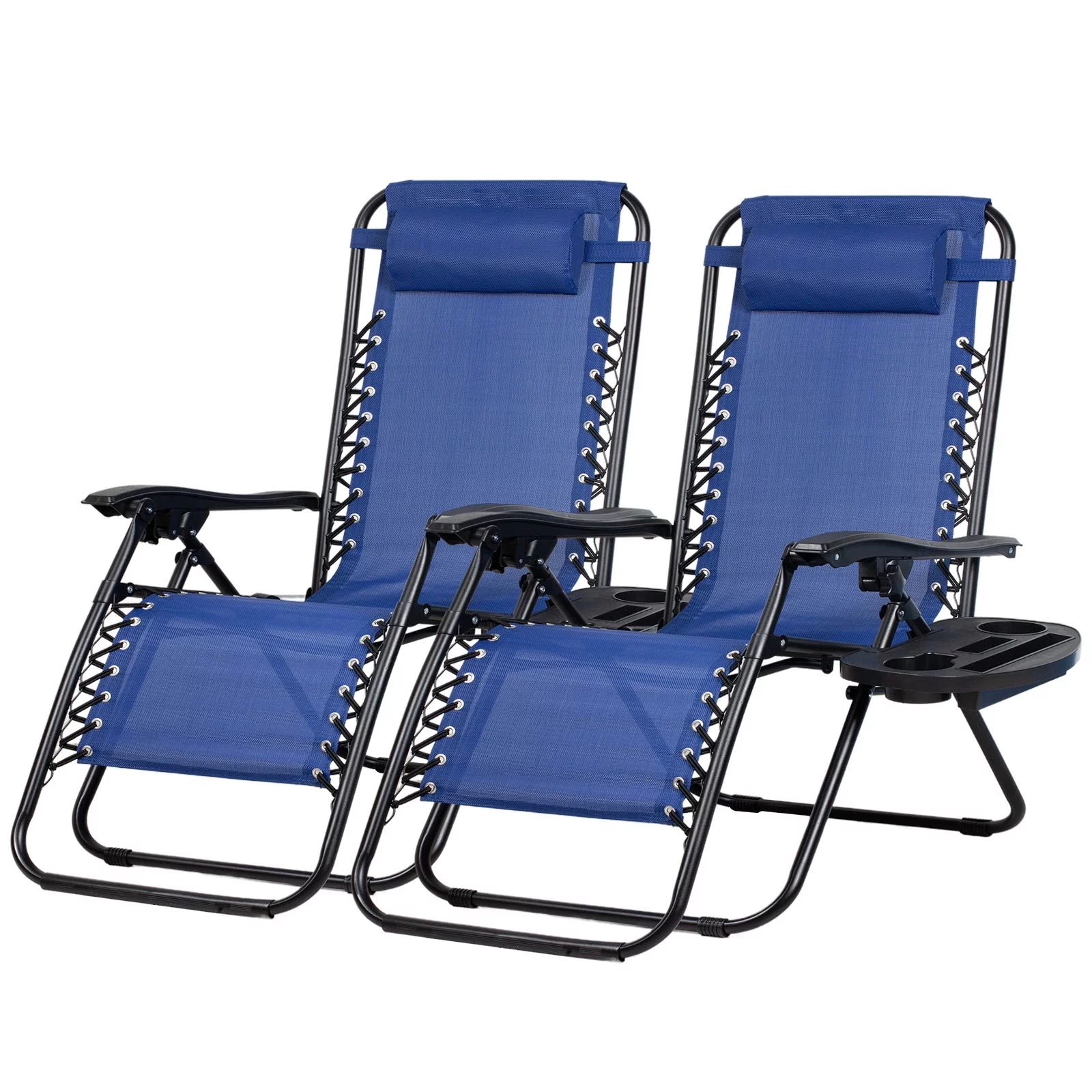 Nazhura Set of 2 Relaxing Recliners Patio Chairs Adjustable Steel Mesh Zero Gravity Lounge Chair Recliners with Pillow and Cup Holder (Navy Blue)