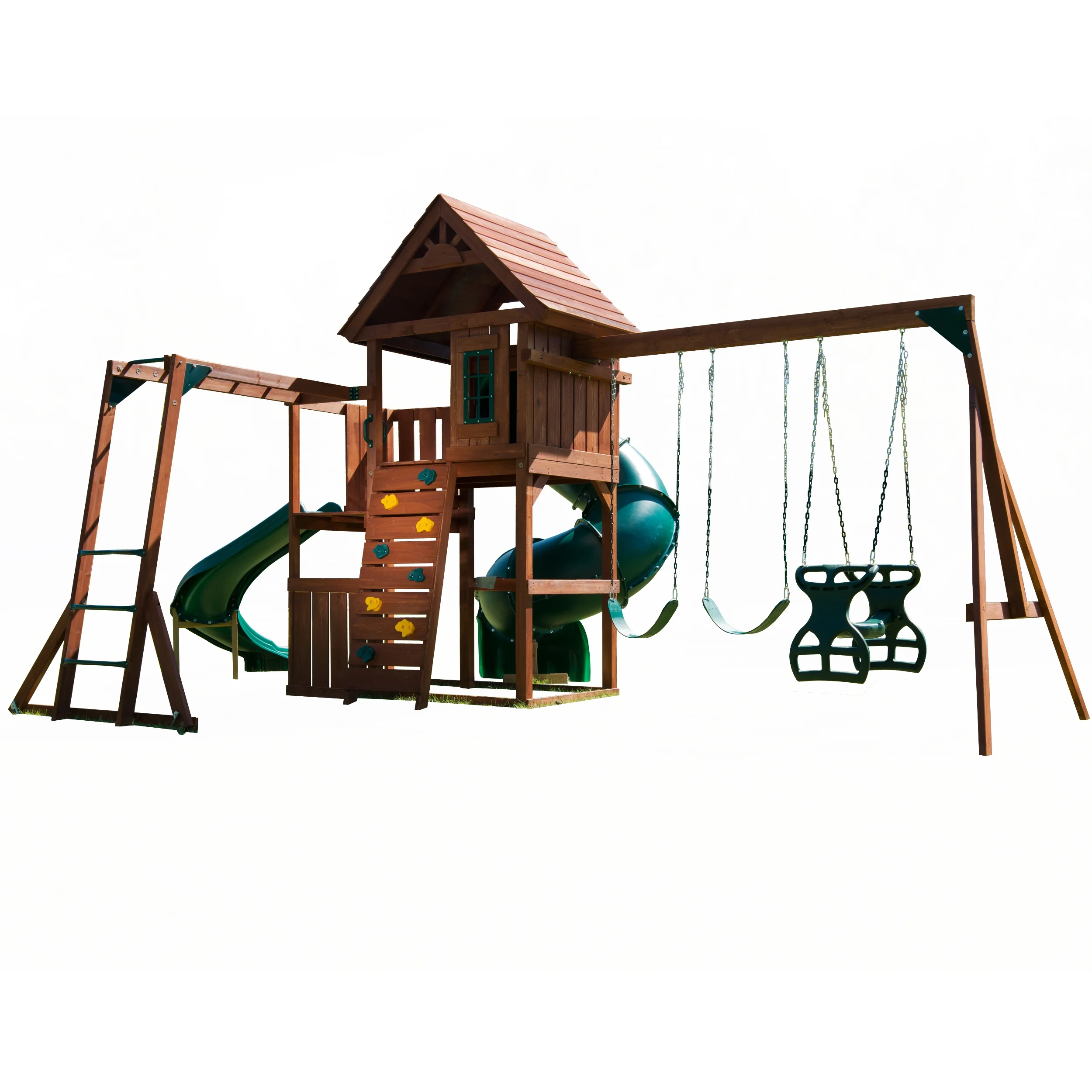 Swing-N-Slide Grandview Twist Wood Backyard Swing Set with Tube Slide, Curved Slide, Wood Roof, Monkey Bars and Swings