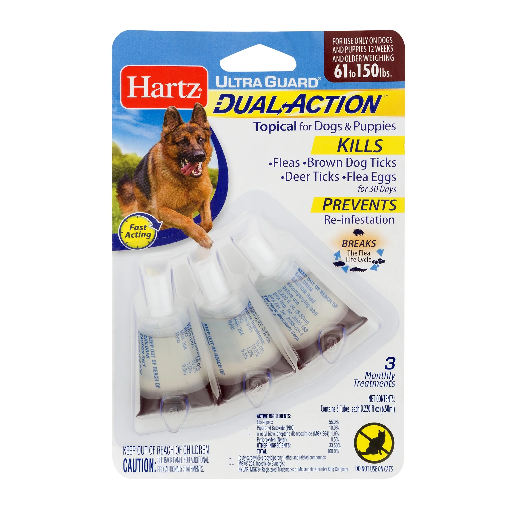 Hartz UltraGuard Dual Action Flea & Tick Topical for Extra Large Dogs 61-150lbs, 3 Monthly Treatments