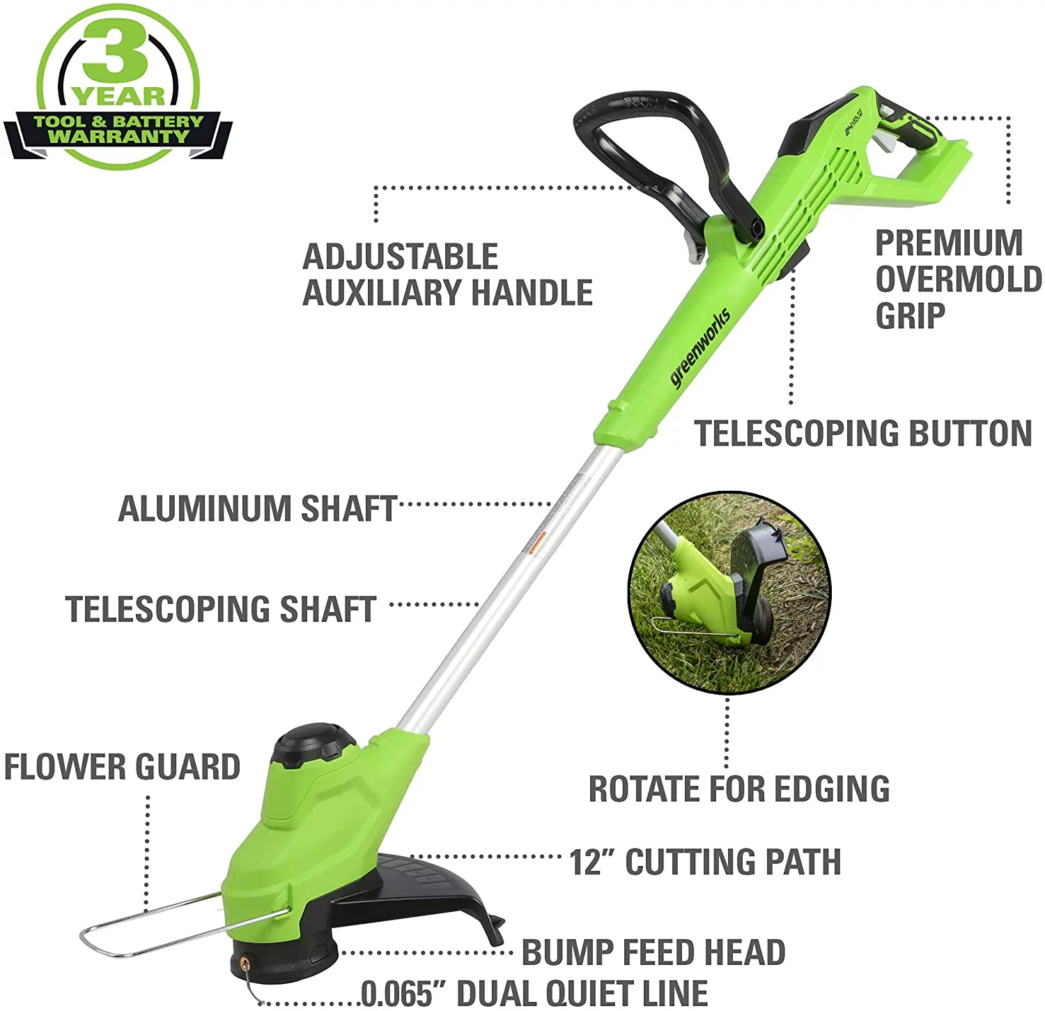 Greenworks 24V 12-inch TORQDRIVE String Trimmer with 2Ah USB Battery and Charger, 2104502AZ