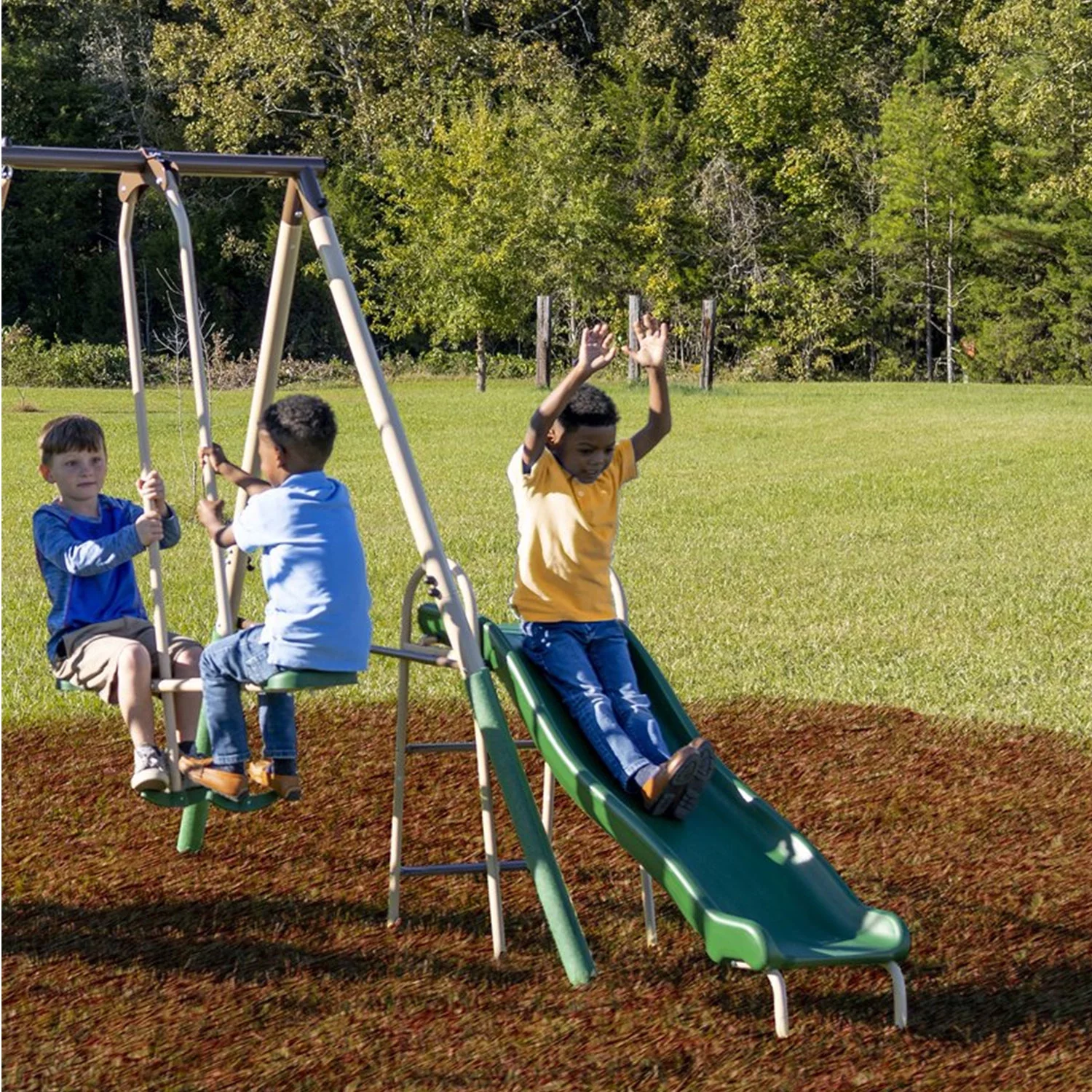 Crestview Swing Set by XDP Recreation with 2 Swing Seats, Stand R Swing, Wave Slide, Fun Glider, & See Saw