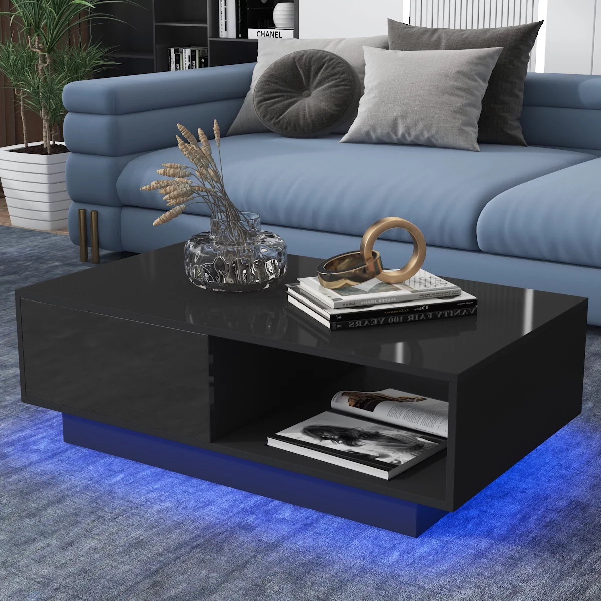 Hommpa LED Coffee Table Modern Side Tables High Gloss Black Cocktail Table with Drawer Open Shelf for Living Room