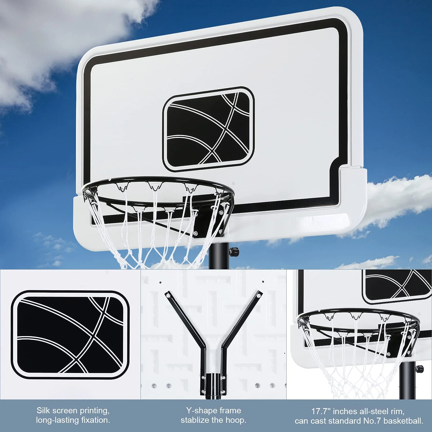 Entil 44” Portable Basketball Hoop Outdoor/Indoor, HDPE Backboard, Height Adjustable 7ft 6in-10ft, High-duty PE Base & Wheels for Kids/Youth