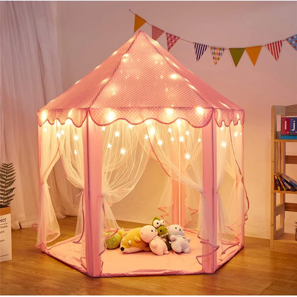 Princess Castle Tent for Girls with Star Lights, Play Tents for Kids Indoor Hexagon Playhouse with Large Space, Toys for Children Toddlers Outdoor Games