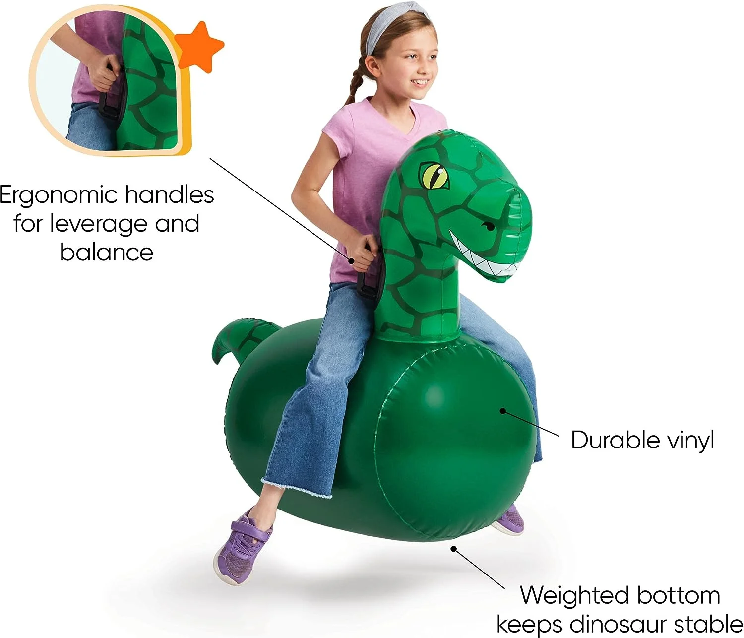 Hearthsong Inflatable Dinosaur Toy Hop ‘n Go Bouncing Ride for Outdoor Play, 48″ x 20″ x 42″ 2-Pack