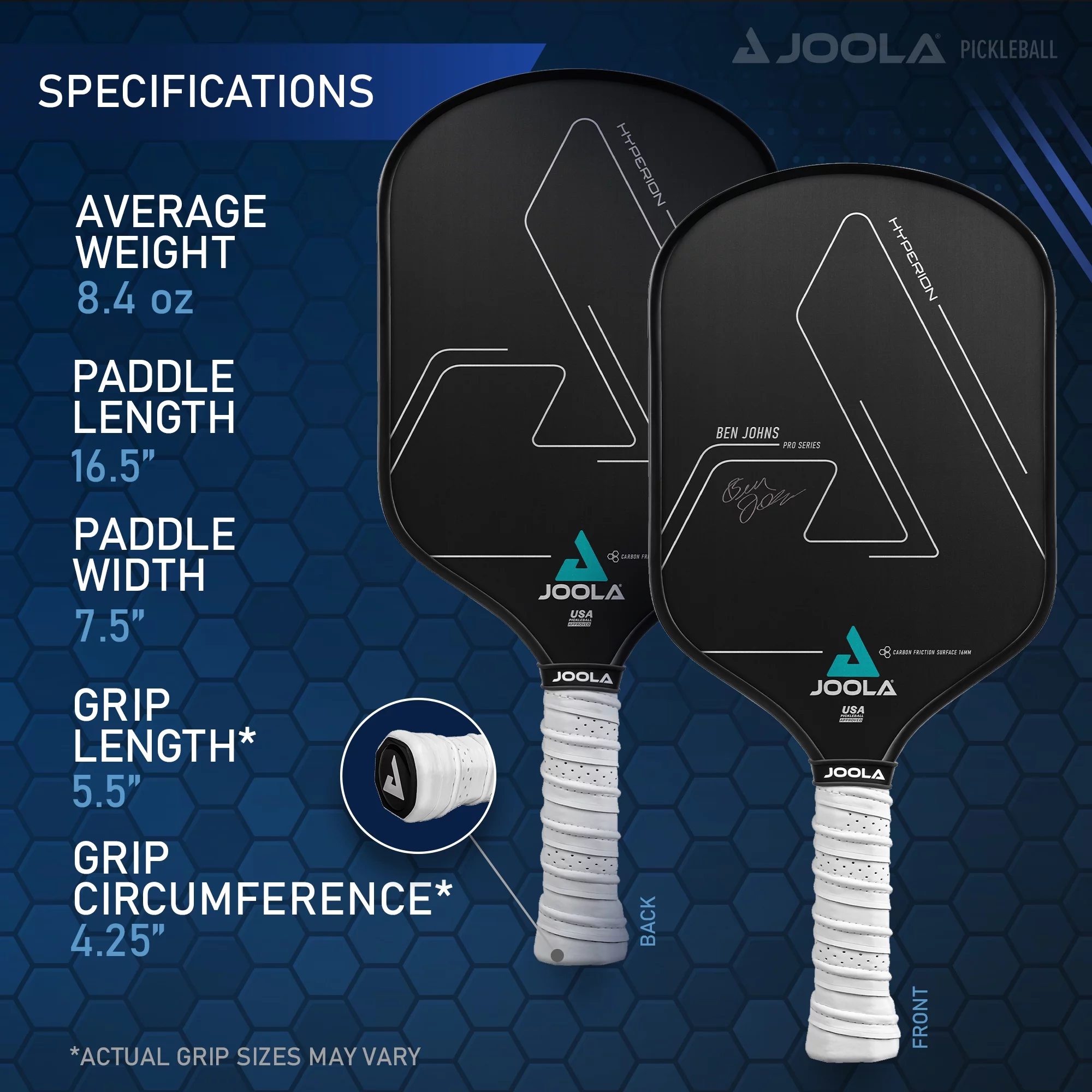 JOOLA Ben Johns Hyperion CFS 16mm Pickleball Paddle, Elongated Handle, Black Carbon Surface