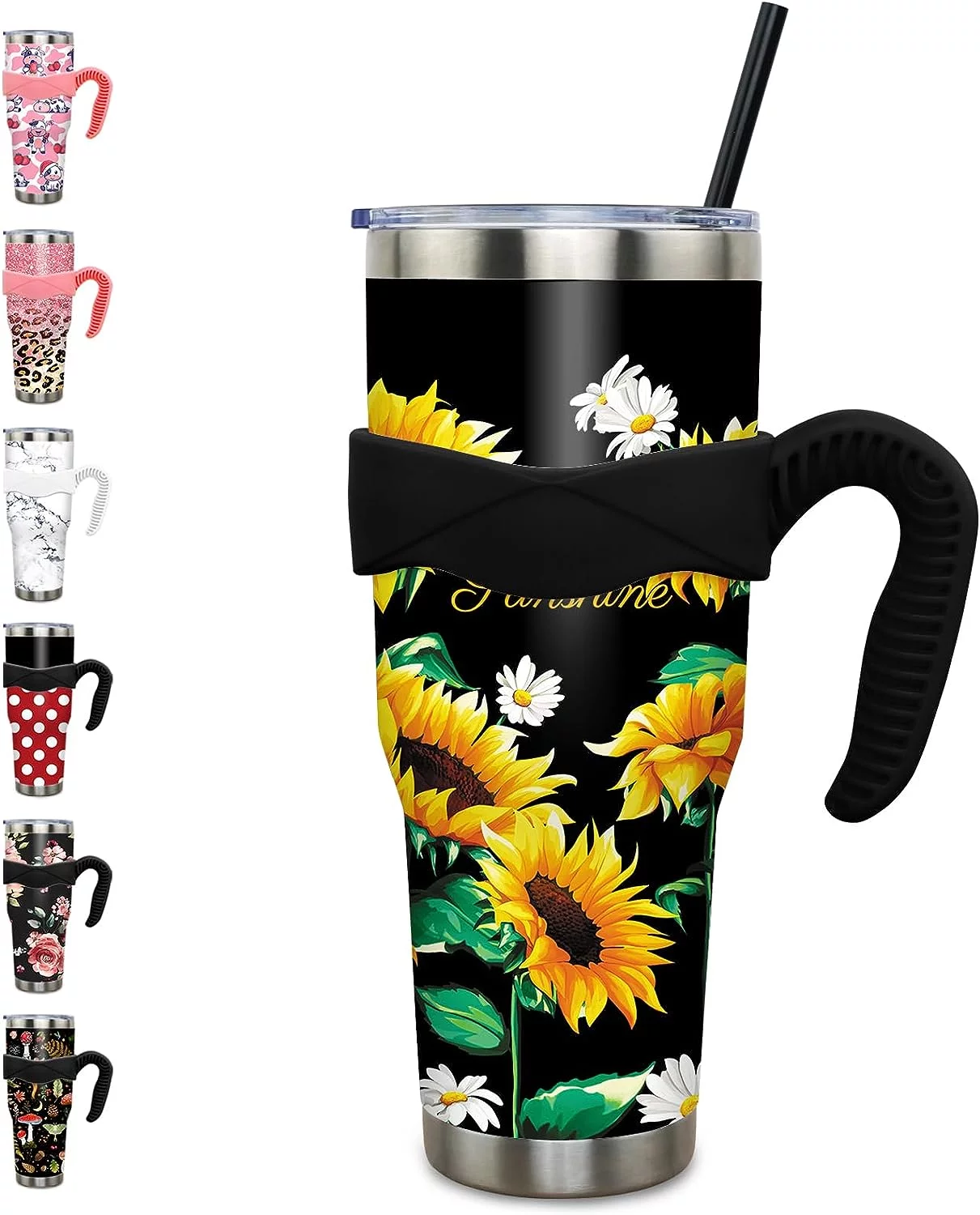 aoselan 40 oz Tumbler with Handle and Straw Leak Proof 40 oz Sunflower Cup Insulated Stainless Steel Coffee Travel Mug 40oz Sunflower Slim Tumbler with Handle Sunflower Decor Gift for Women