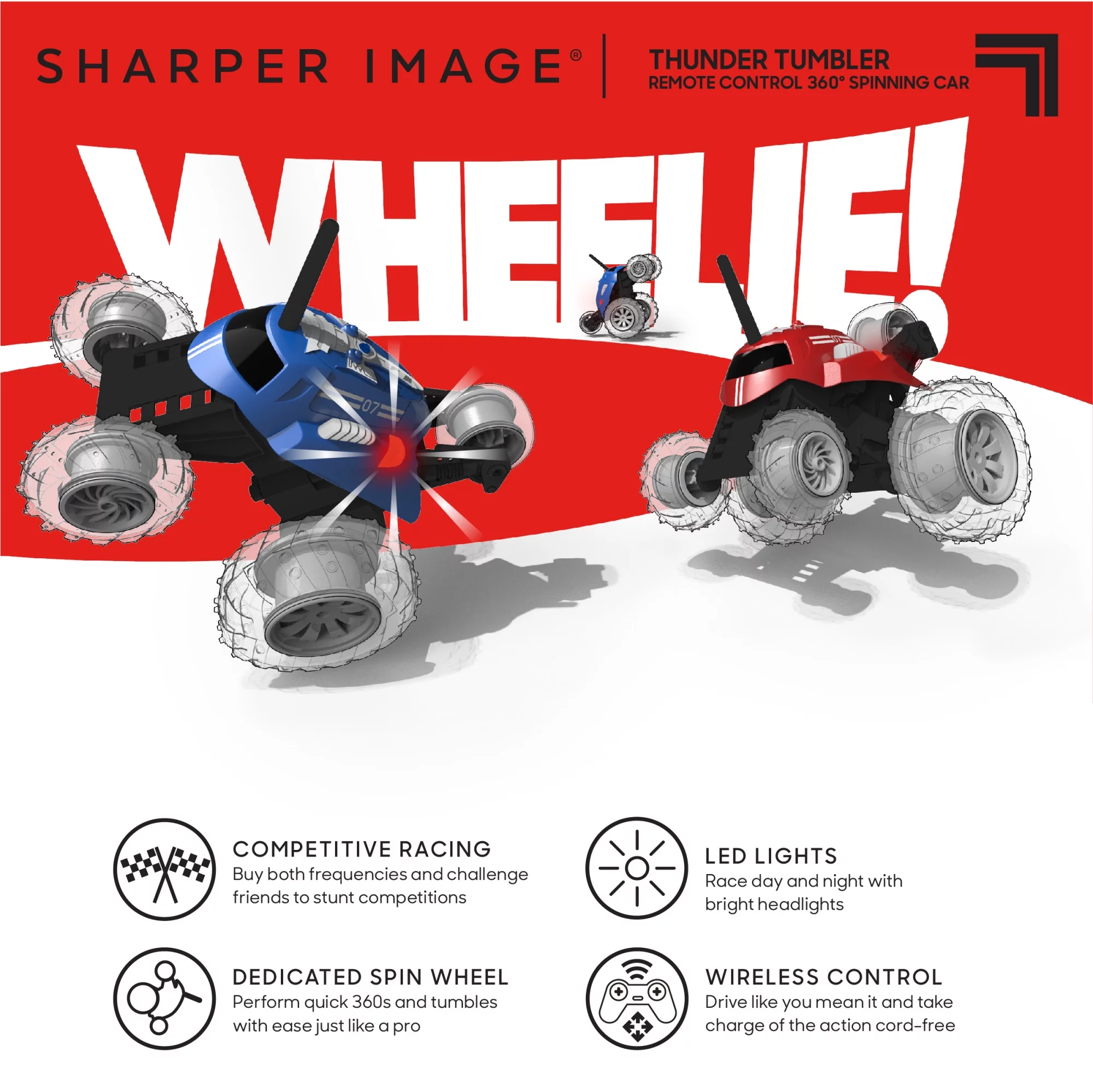 Sharper Image Thunder Tumbler Remote Control 360 Spinning Car, Red, 2 pcs