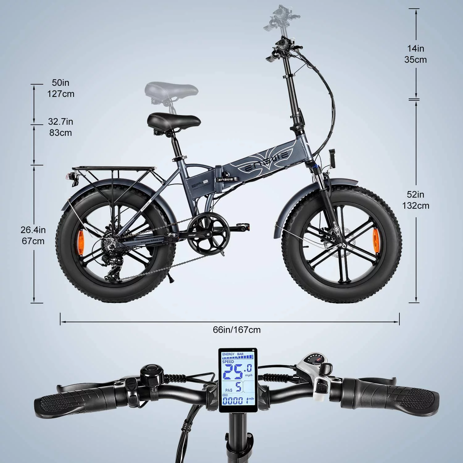 ENGWE Folding Electric Bike for Adults 750W Motor 48V12.8A Battery 20″ 4.0 Fat Tire Mountain Beach Snow Bicycles EP-2 Grey