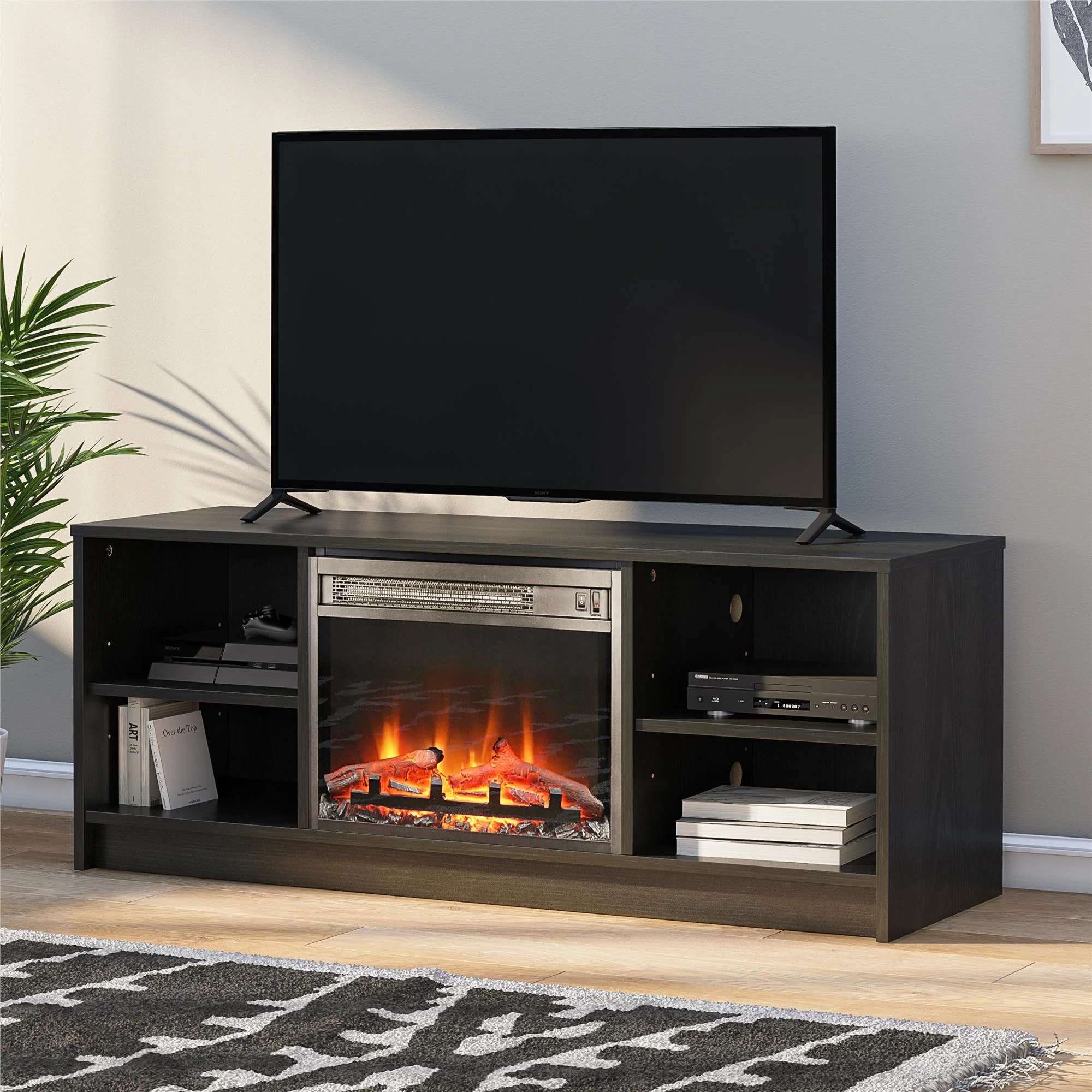 Mainstays Fireplace TV Stand for TVs up to 55″, Black Oak