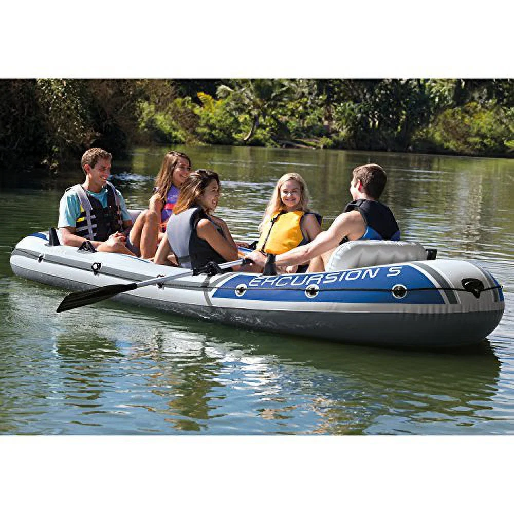 Intex 68325EP Excursion Inflatable 5 Person Heavy Duty Fishing Boat Raft Set with 2 Aluminum Oars & High Output Air Pump for Lakes & Mild Rivers, Gray