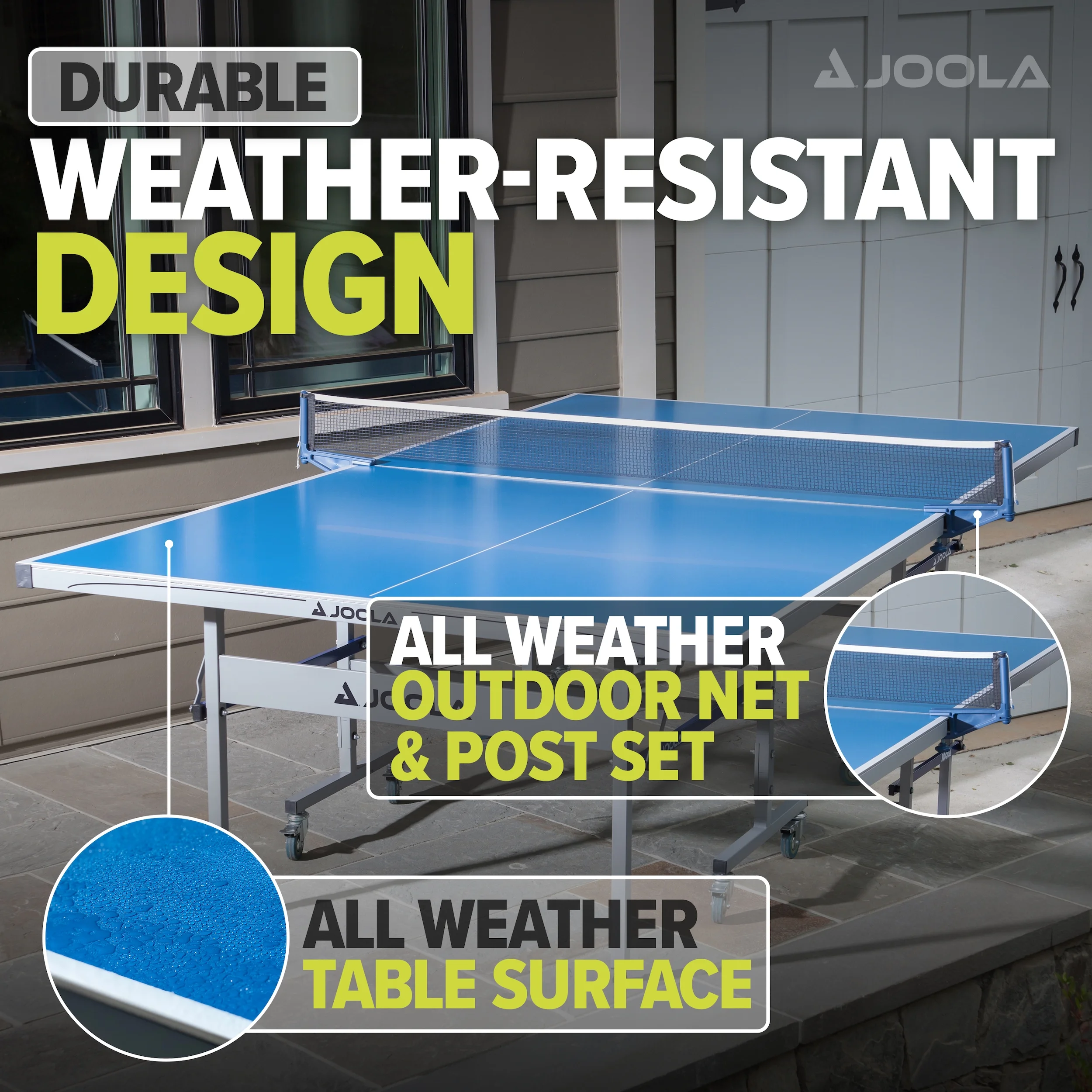 JOOLA Nova Plus All-Weather Table Tennis Table with Ping Pong Net Set, Size 9′ x 5′, Blue