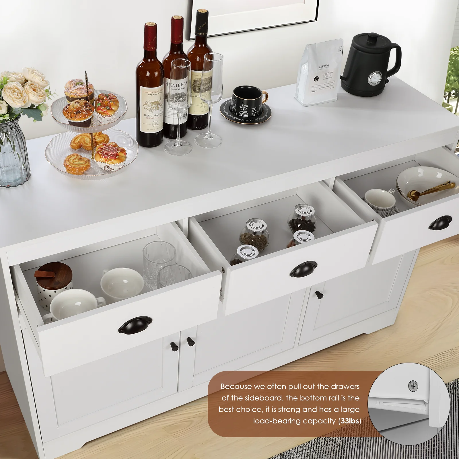 Richya 53.54” Sideboards and buffets with drawers, White Buffet Coffee Bar Wine Cabinet for Home, Living Room