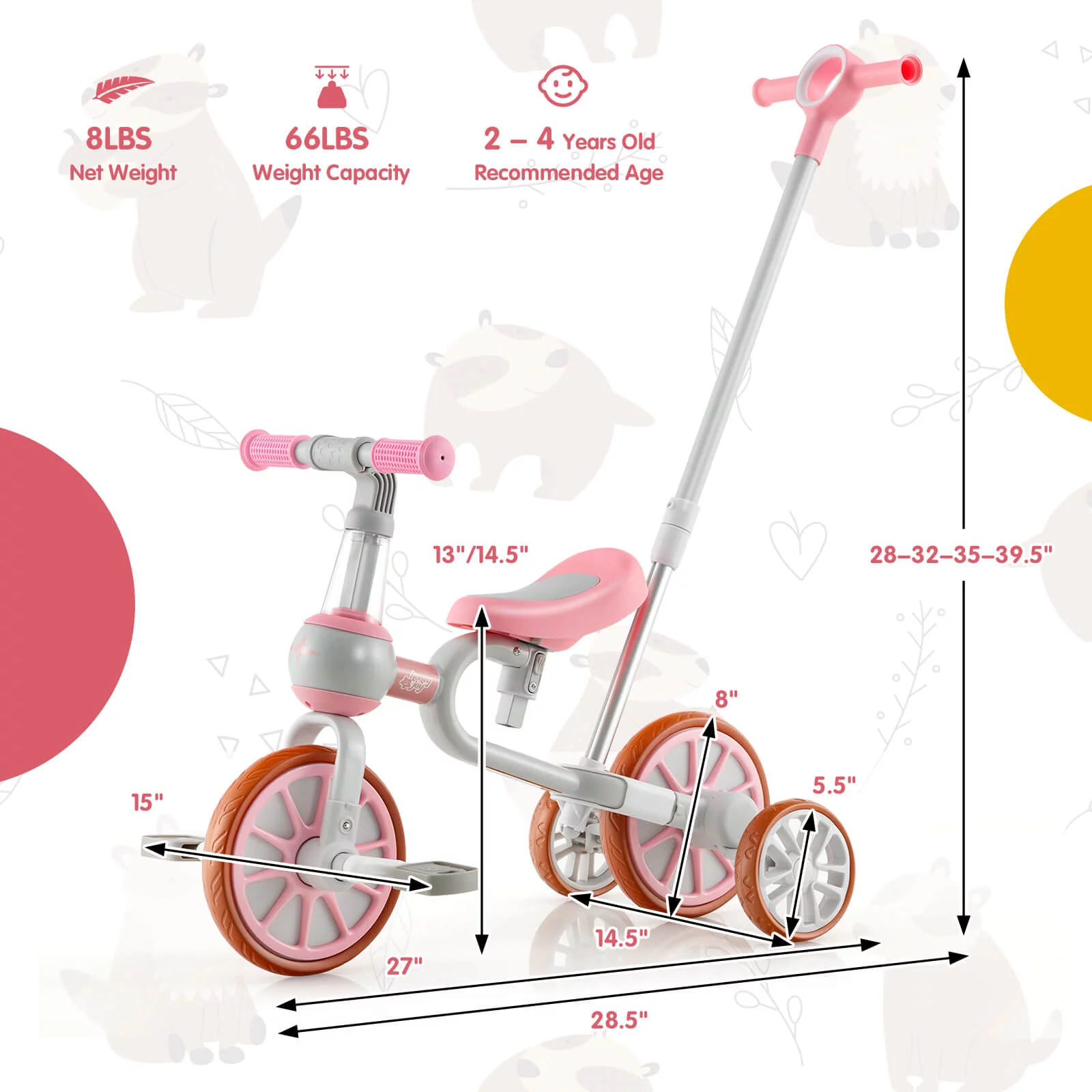 Coelon 4 in 1 Kids Tricycle for 2-4 Years Old, Toddler Bike with Adjustable Parent Push Handle Pink