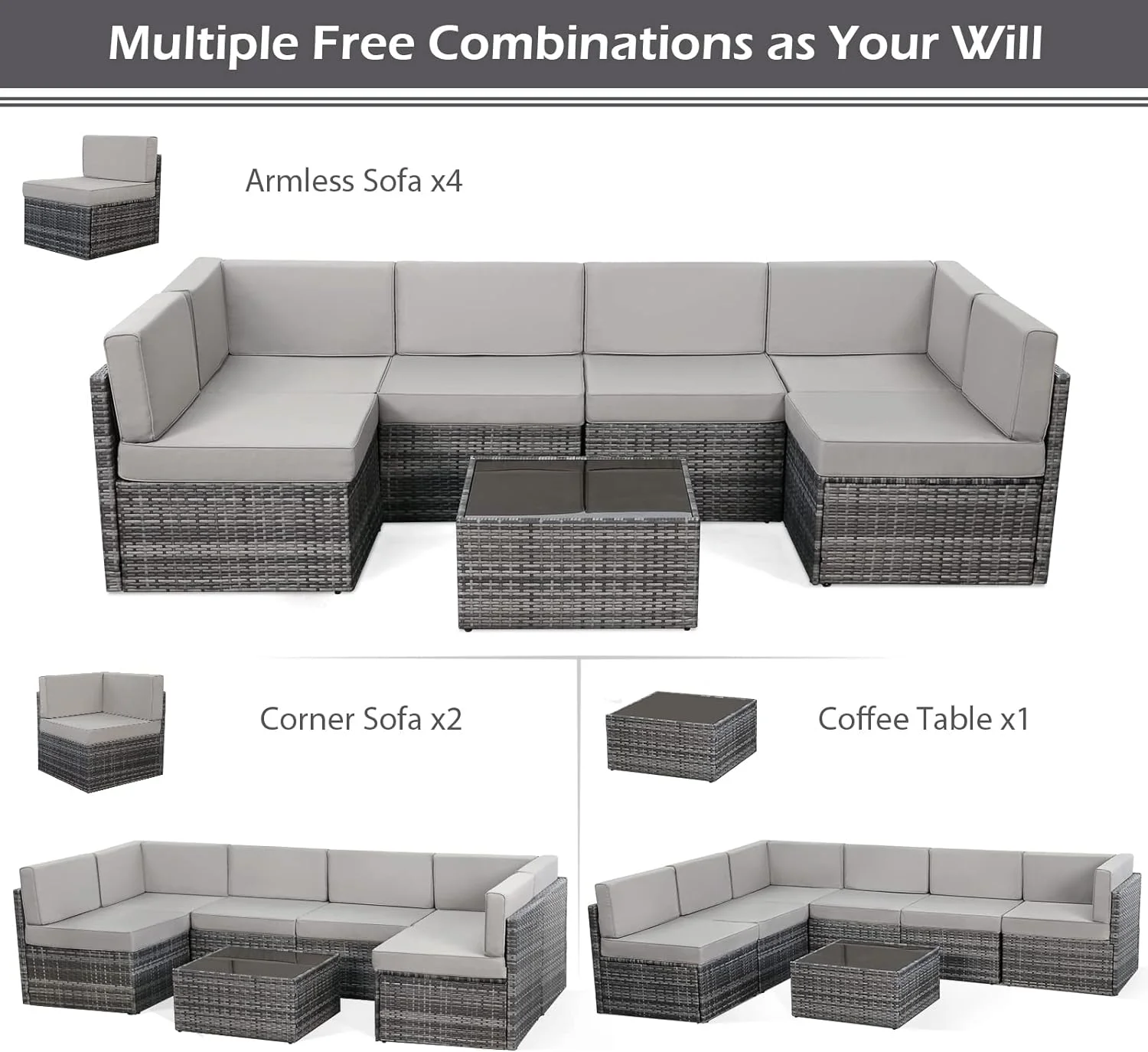 Danrelax 7-Piece Outdoor Sectional Sofa Patio Conversation Set, PE Rattan Wicker Furniture, Steel Frame in Dark Blue