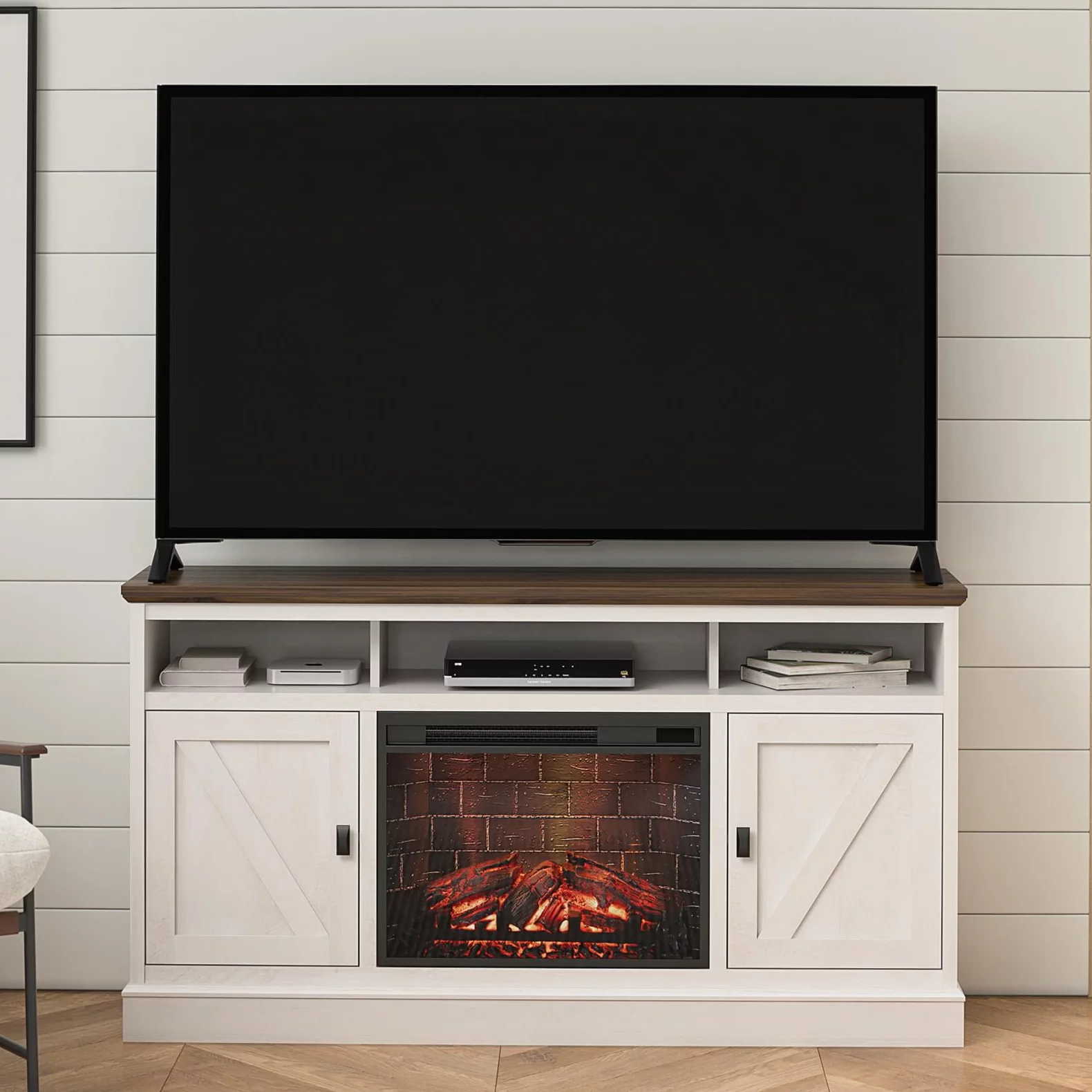 Ameriwood Home Ashton Lane Electric Fireplace TV Stand for TVs up to 65″, Black Oak