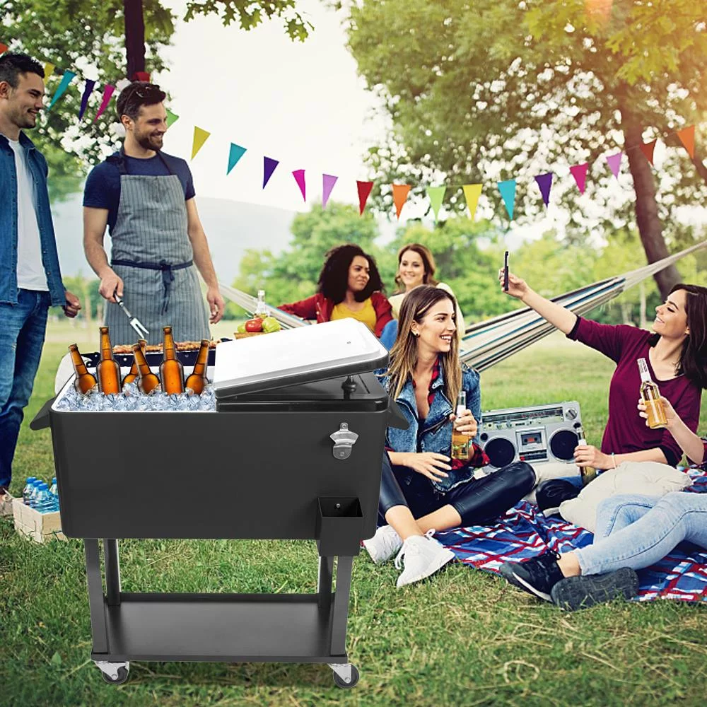 UBesGoo 80 Quart Patio Cooler Rolling Cooler Ice Chest with Shelf, Wheels and Bottle Opener, Iron Ice Chest Portable Patio Party Drink Cooling Cart