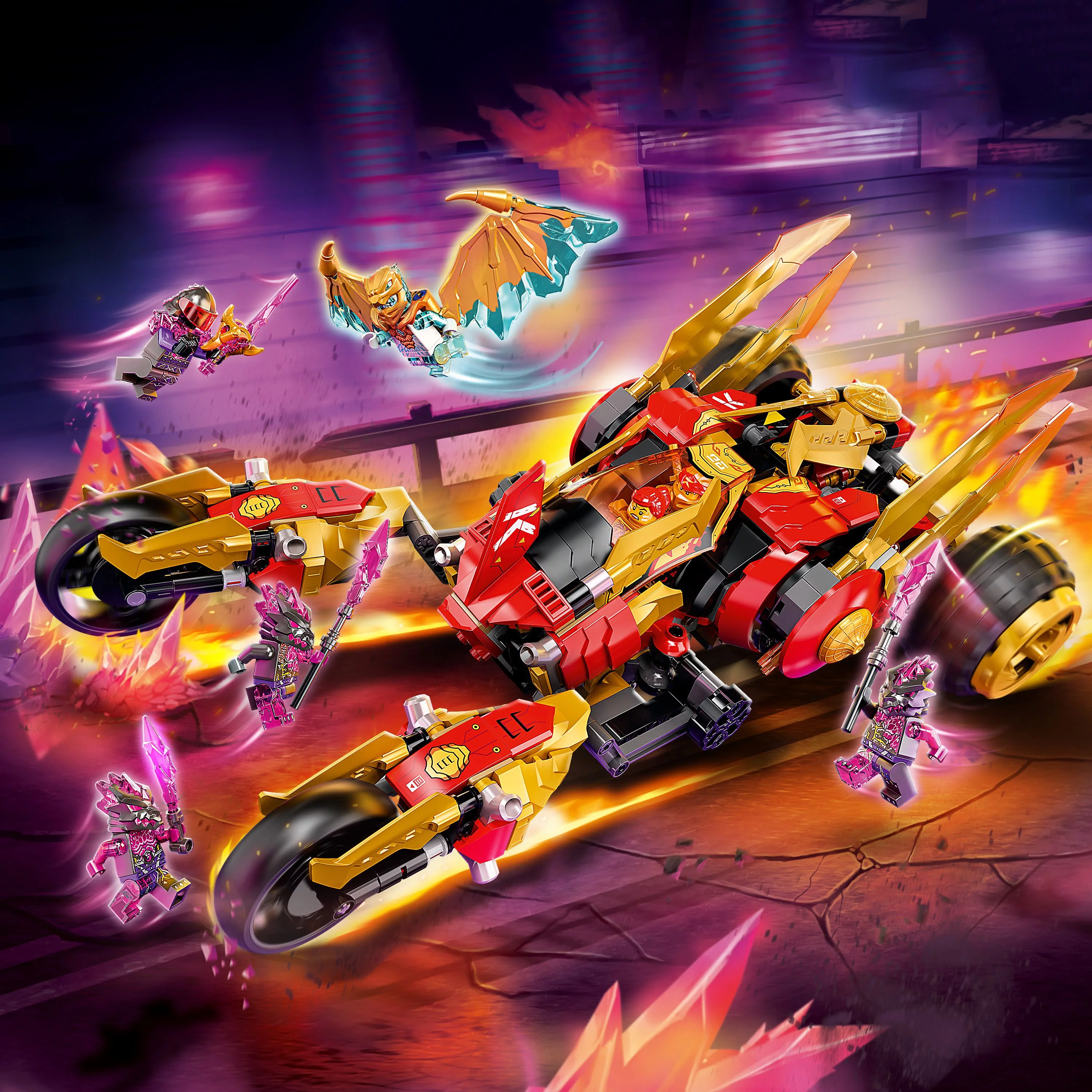 LEGO NINJAGO Kai’s Golden Dragon Raider Multi-Terrain Car Toy 71773 with Kai and Zane Minifigures, Building Set for Kids Ages 8 Plus