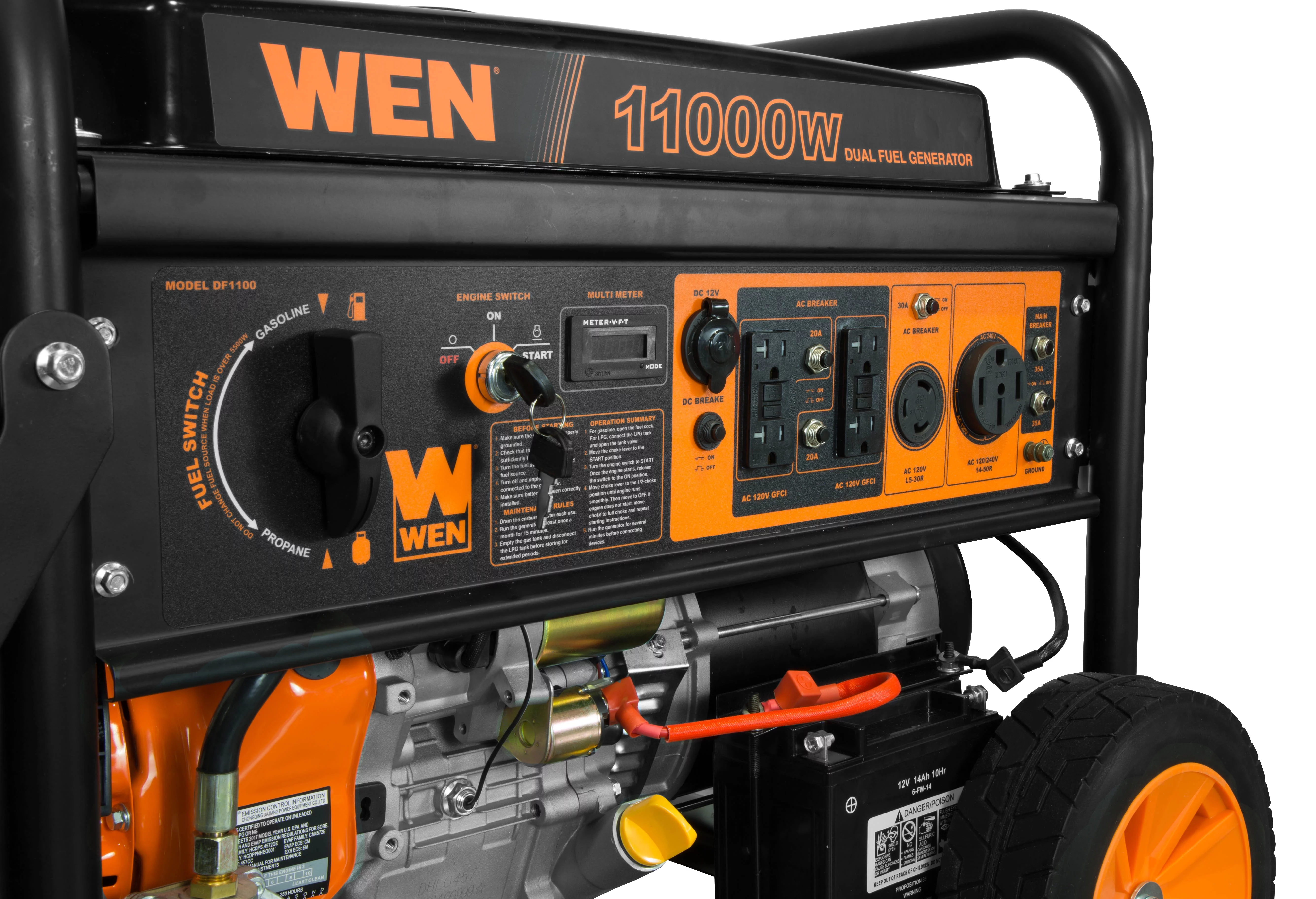 WEN 11,000-Watt 120V/240V Dual Fuel Portable Generator with Wheel Kit and Electric Start – CARB Compliant