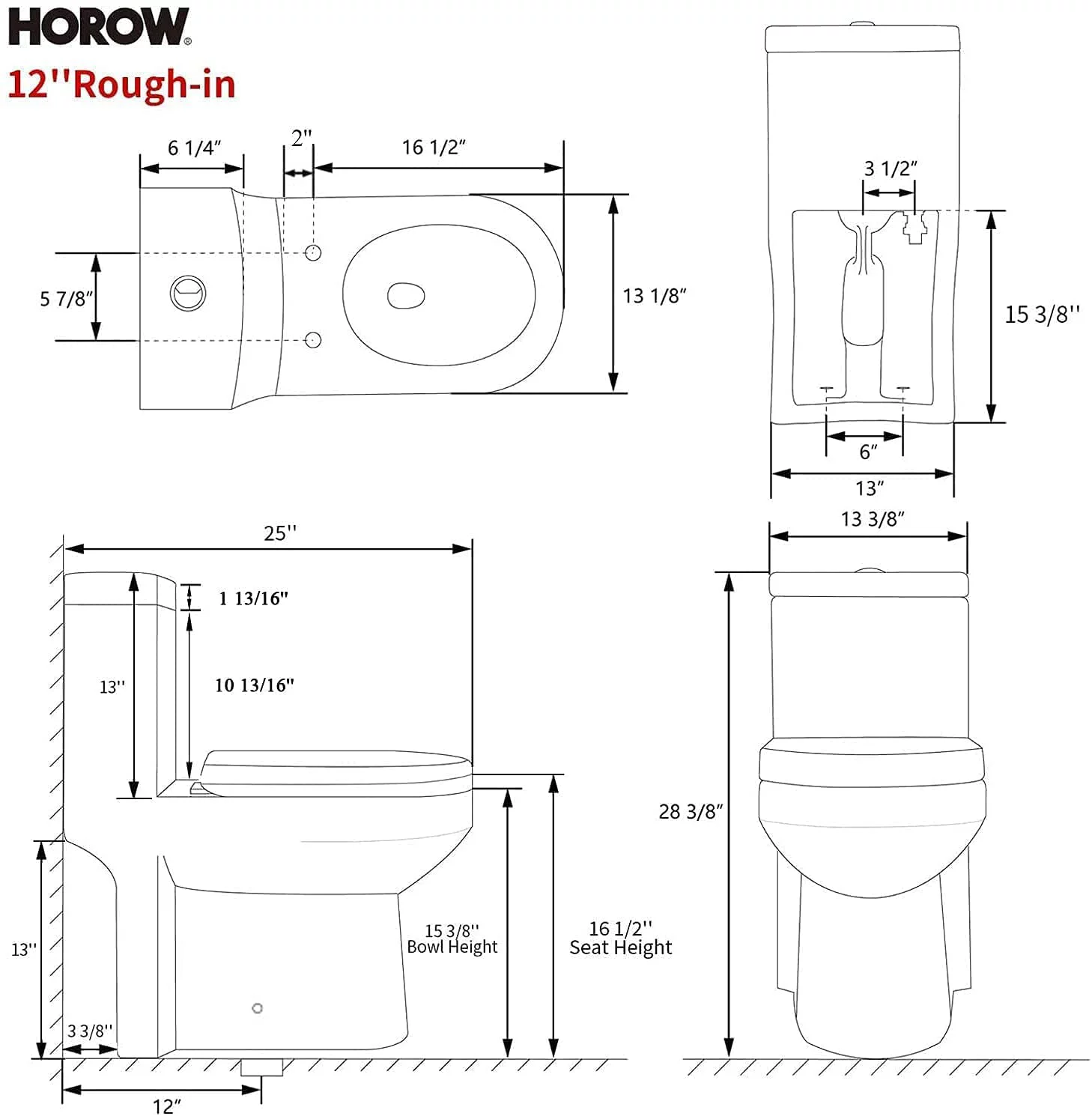 HOROW Upgraded One-Piece 0.8/1.28+ Dual Flush Ultra Ceramic Modern Compact Small Toilets with Elegant Side Holes for Bathrooms