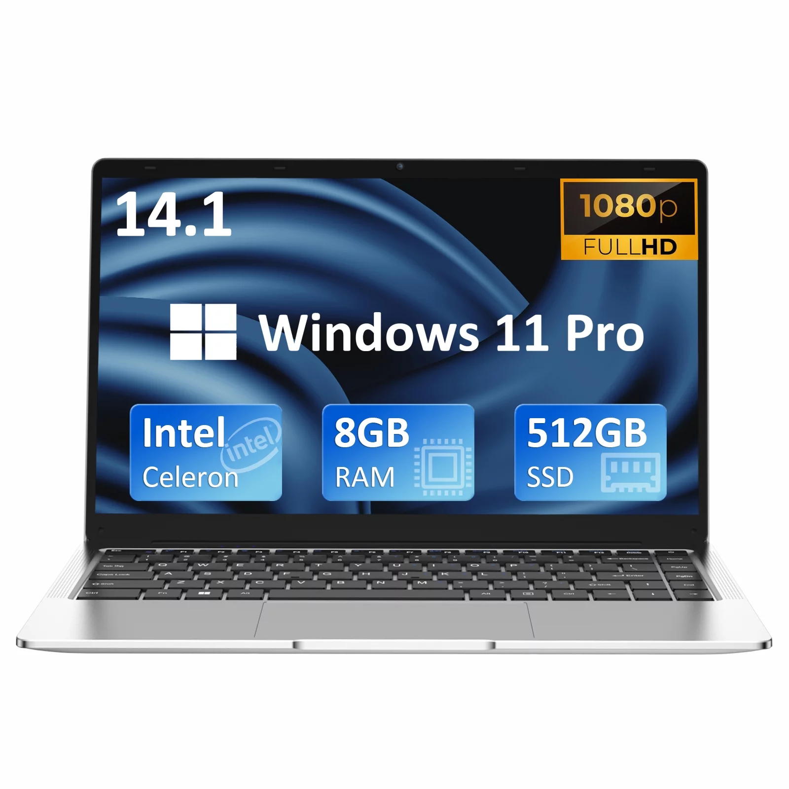 Auusda 14.1″ Laptop Intel Celeron J4125(Quad-core up to 2.7GHz), 8GB RAM, 256GB SSD, Windows 11 Pro Work Computer FHD 1920*1080P, Silver